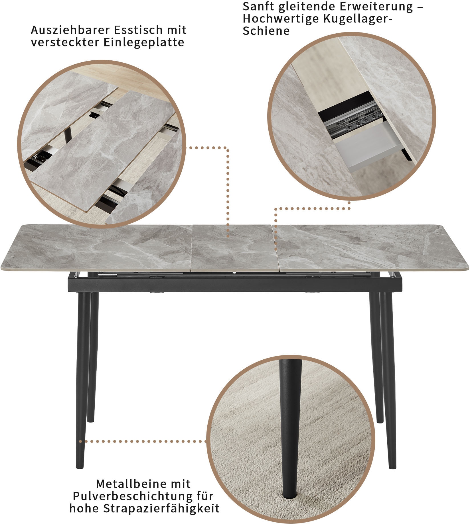 OTTO home Essgruppe »Stevian« Set, Ausziehbarer Esstisch + 4 Stühle, 5 Stk. tlg. Holz, Strukturstoffbezug, Freischwingerstühle, gesteppten Bänken