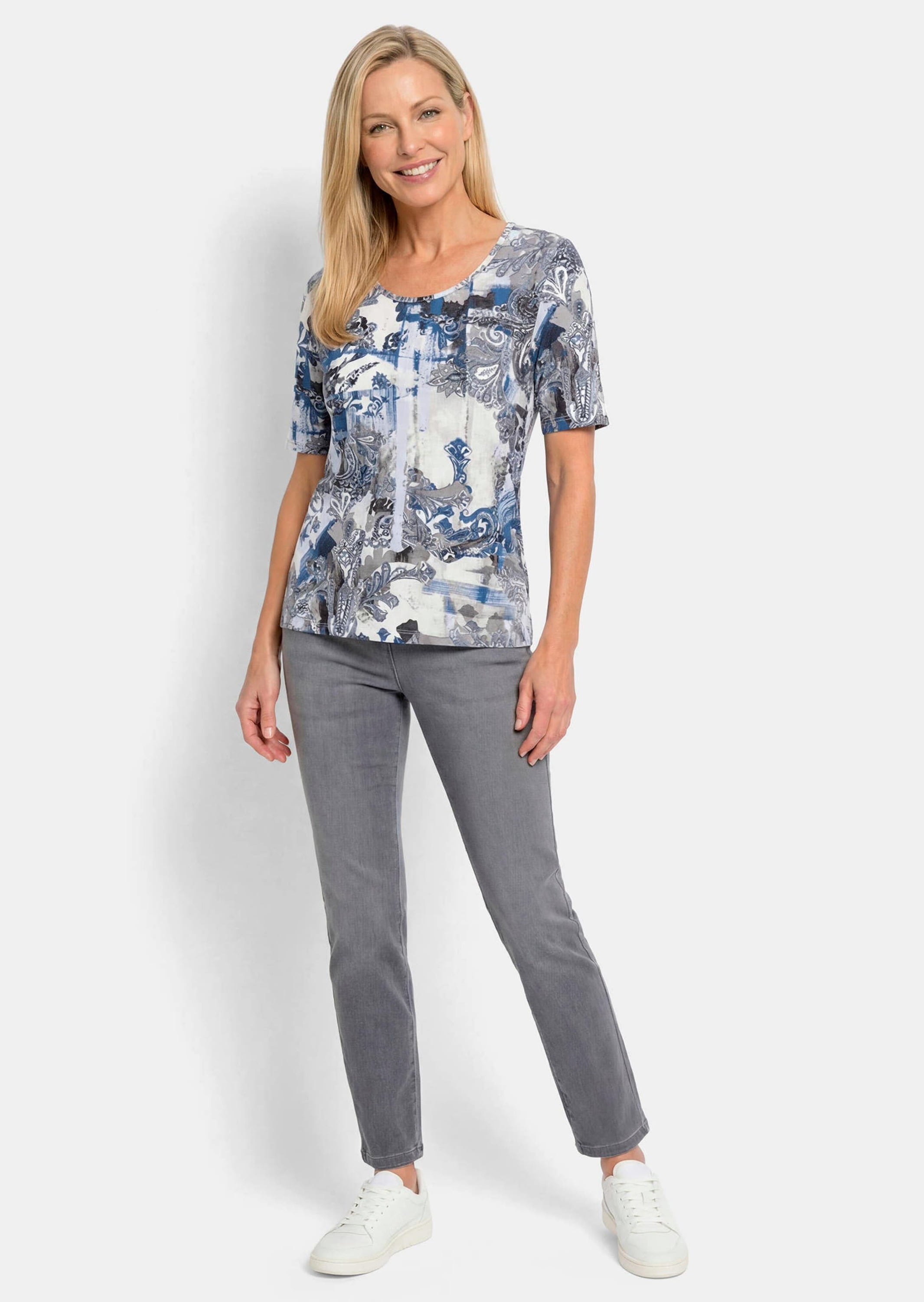 GOLDNER Kurzarmshirt »Kurzgröße Viskoseshirt mit femininem Paisley-Print« stretchbequemer Viskosejersey