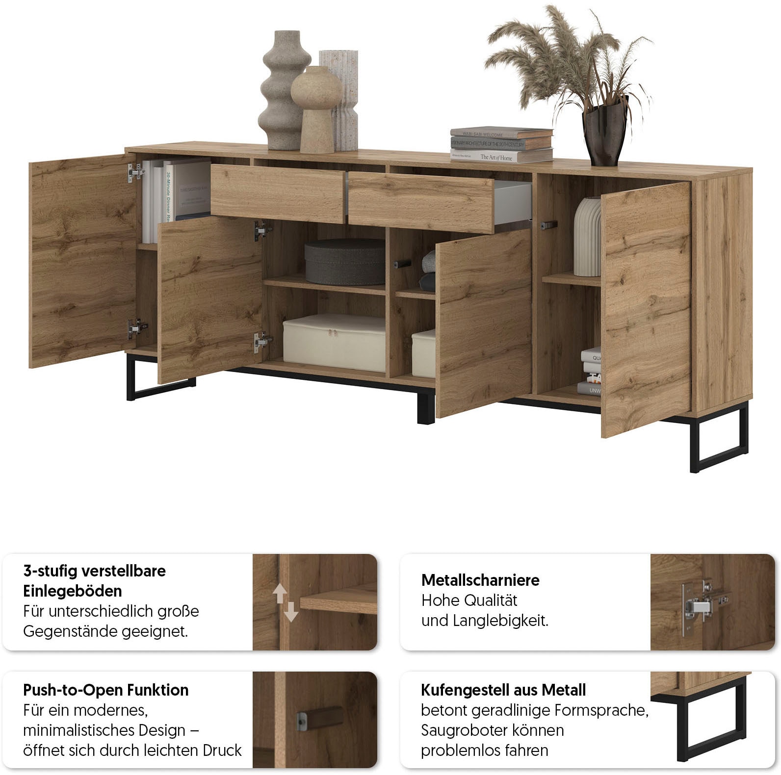 OTTO home Sideboard »Loft, Breite 208,5 cm, grifflose Kommode 4 Türen/2 Schubkästen.« Schubladenschrank mit viel Stauraum, Einlegeböden verstellbar