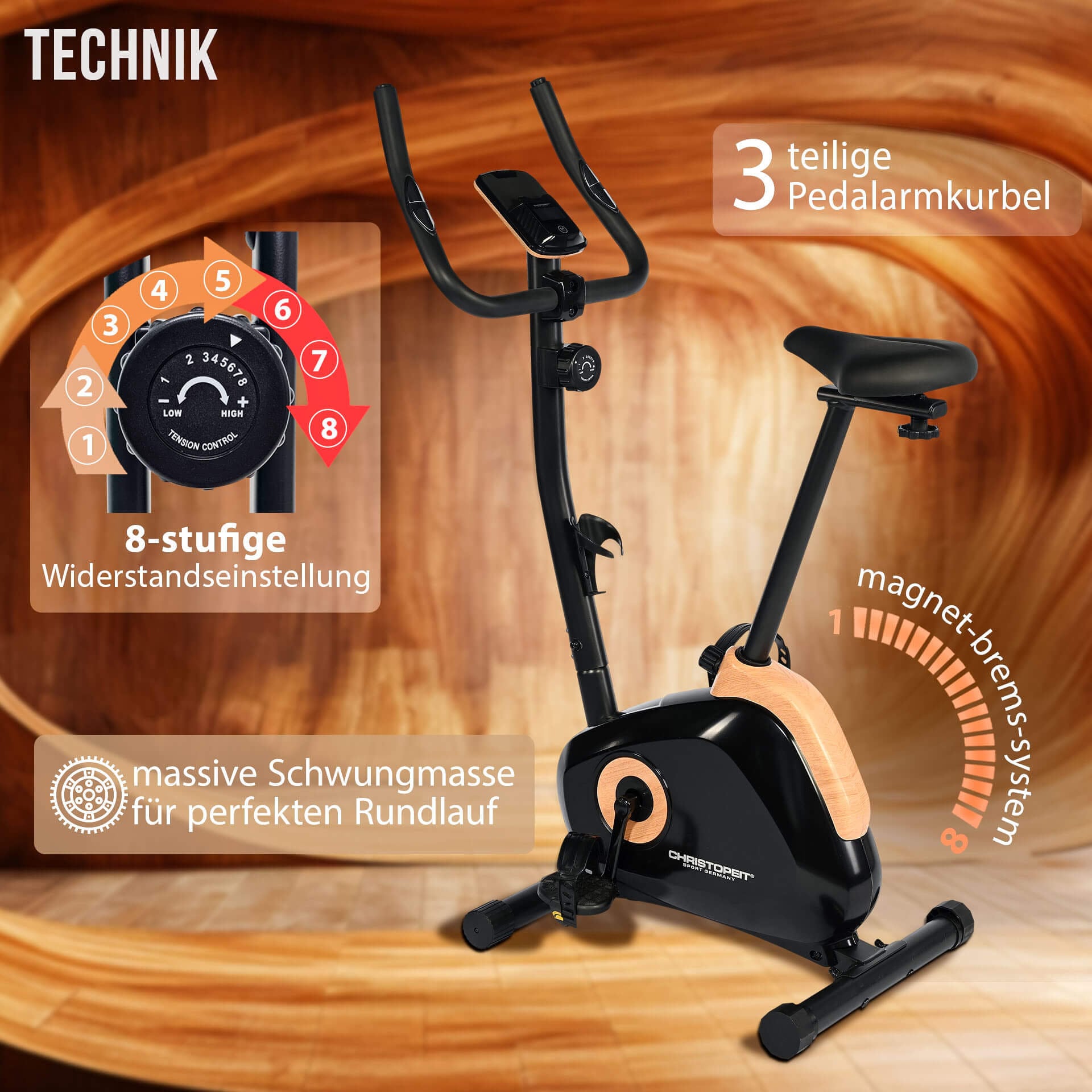 Christopeit Sport® Heimtrainer »HT 2.1«, (3-teilige Pedalarmkurbel), Schwungmasse ca. 5 kg, 8 Widerstandsstufen