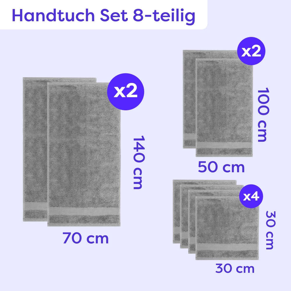 Wolkenfeld Handtuch Set »Premium Low-Twist Baumwolle 550 g/m² – 8-teilig mit Waschlappen« 8 tlg. Frottier 2 Badetücher, 2 Handtücher groß & 4 Waschlappen