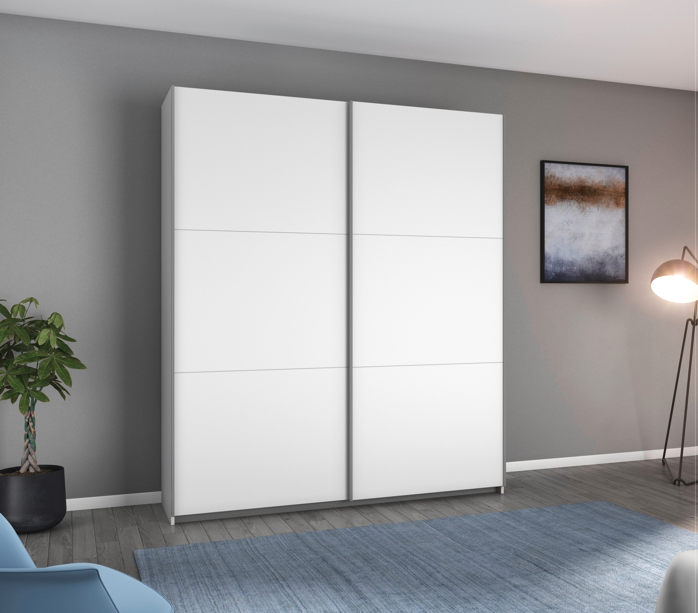 rauch Schwebetürenschrank "AURELIO Kleiderschrank Garderobe" 3 Ausstattungen BASIC/CLASSIC/PREMIUM (inkl. SOFT-CLOSE-FUNKTION), 3 verschiedene Ausstattungsvarianten Griffe aus Metall MADE IN GERMANY