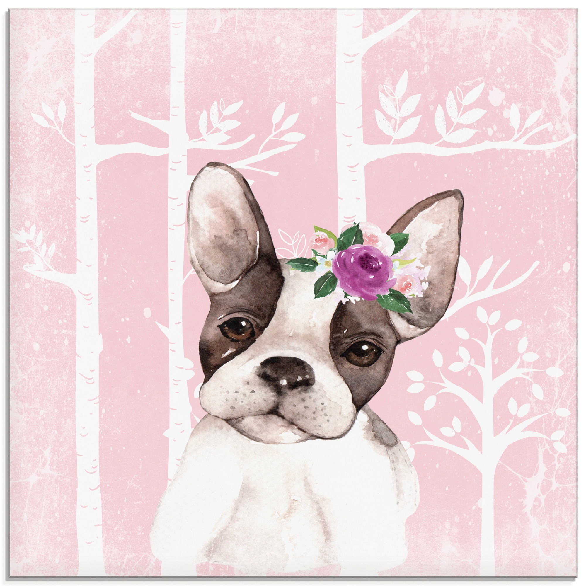 Glasbild kaufen (1 Blumen Größen Raten Tiere, Hund auf im pink verschiedenen »Mops mit Wald«, Artland St.), in