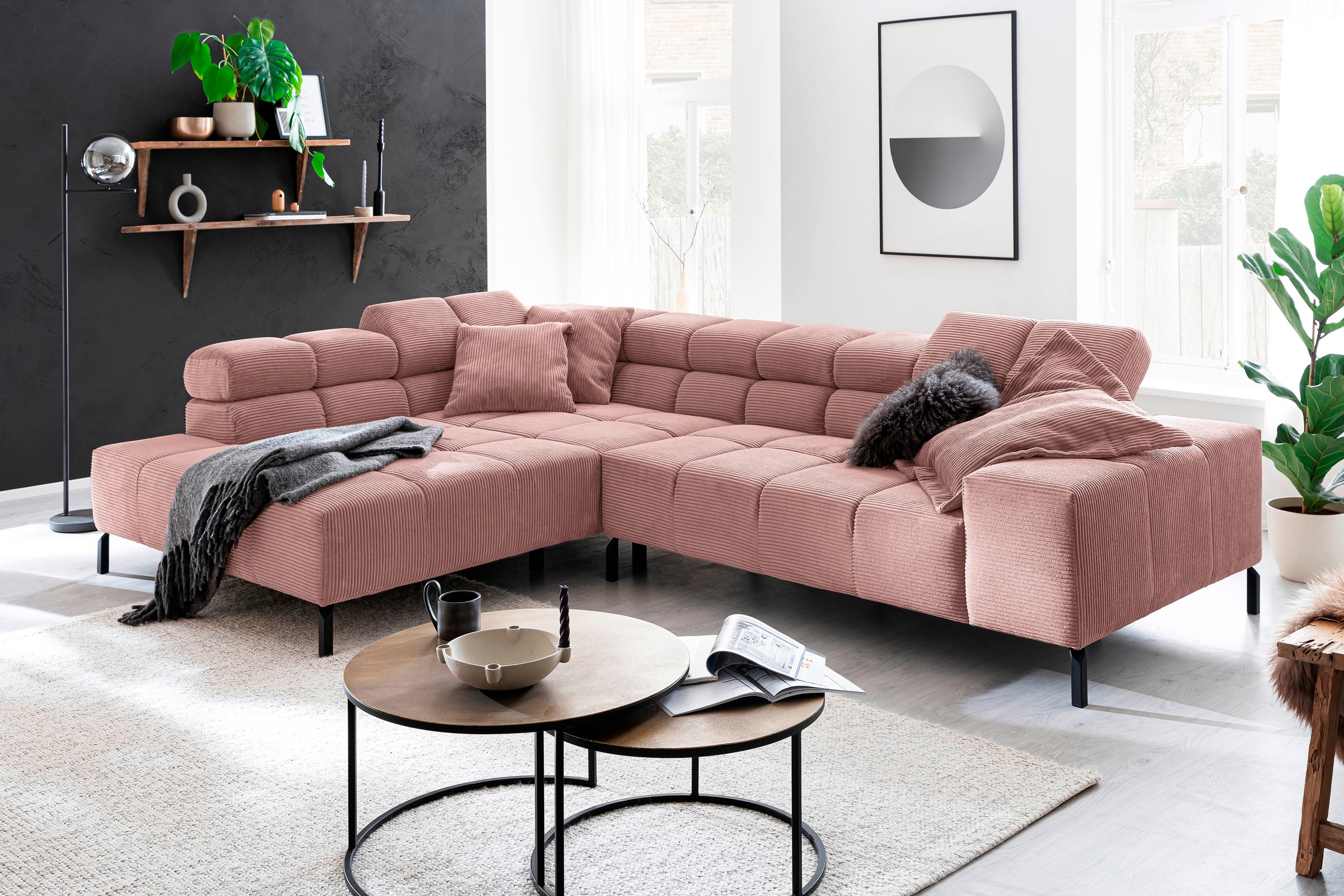Home affaire Ecksofa »Ancona New, wahlweise motorische Sitztiefenverstellung, auch in Cord« feine Steppung, mit Kopfteilverstellung, 3 Zierkissen,  L-Form
