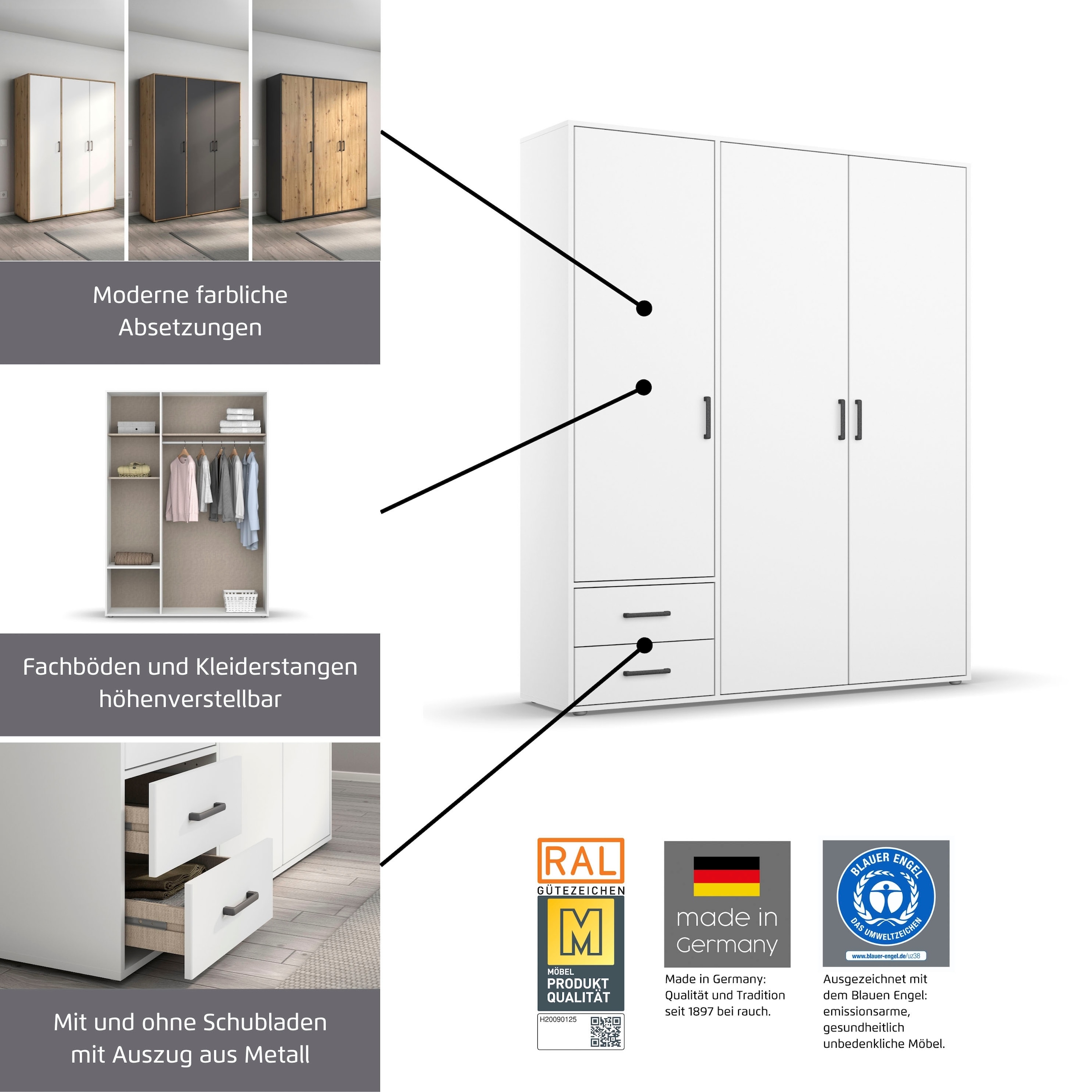 rauch Kleiderschrank »VOYAGER Garderobe Wäscheschrank  Schlafzimmer« in 3 verschiedenen Ausstattungen BASIC/CLASSIC/PREMIUM,  mit 2 modernen Griffvarianten, viel Stauraum MADE IN GERMANY