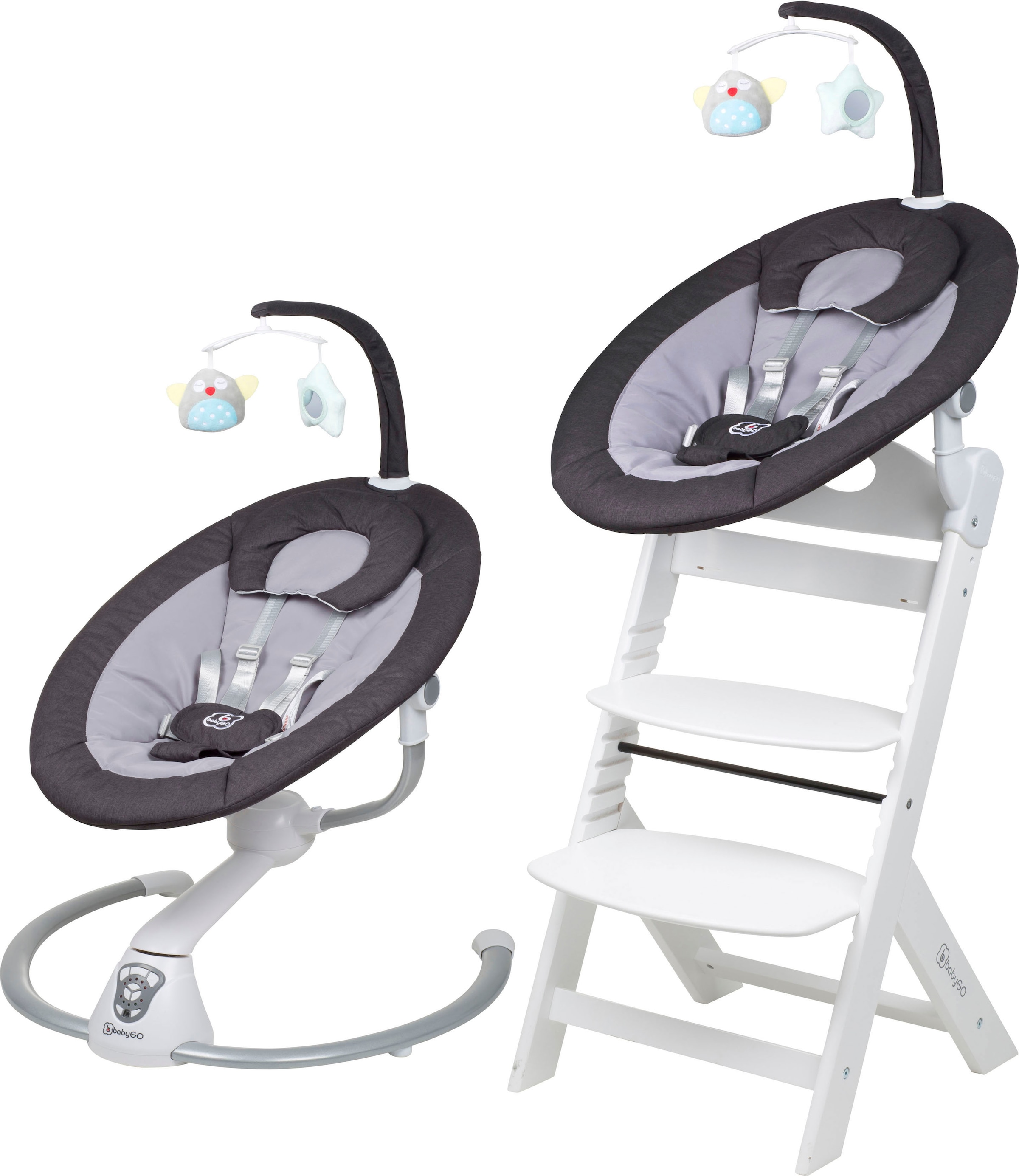 BabyGo Hochstuhl »Family Homey Set, weiß/dunkelgrau«, mit elektrischer Babywippe inkl....