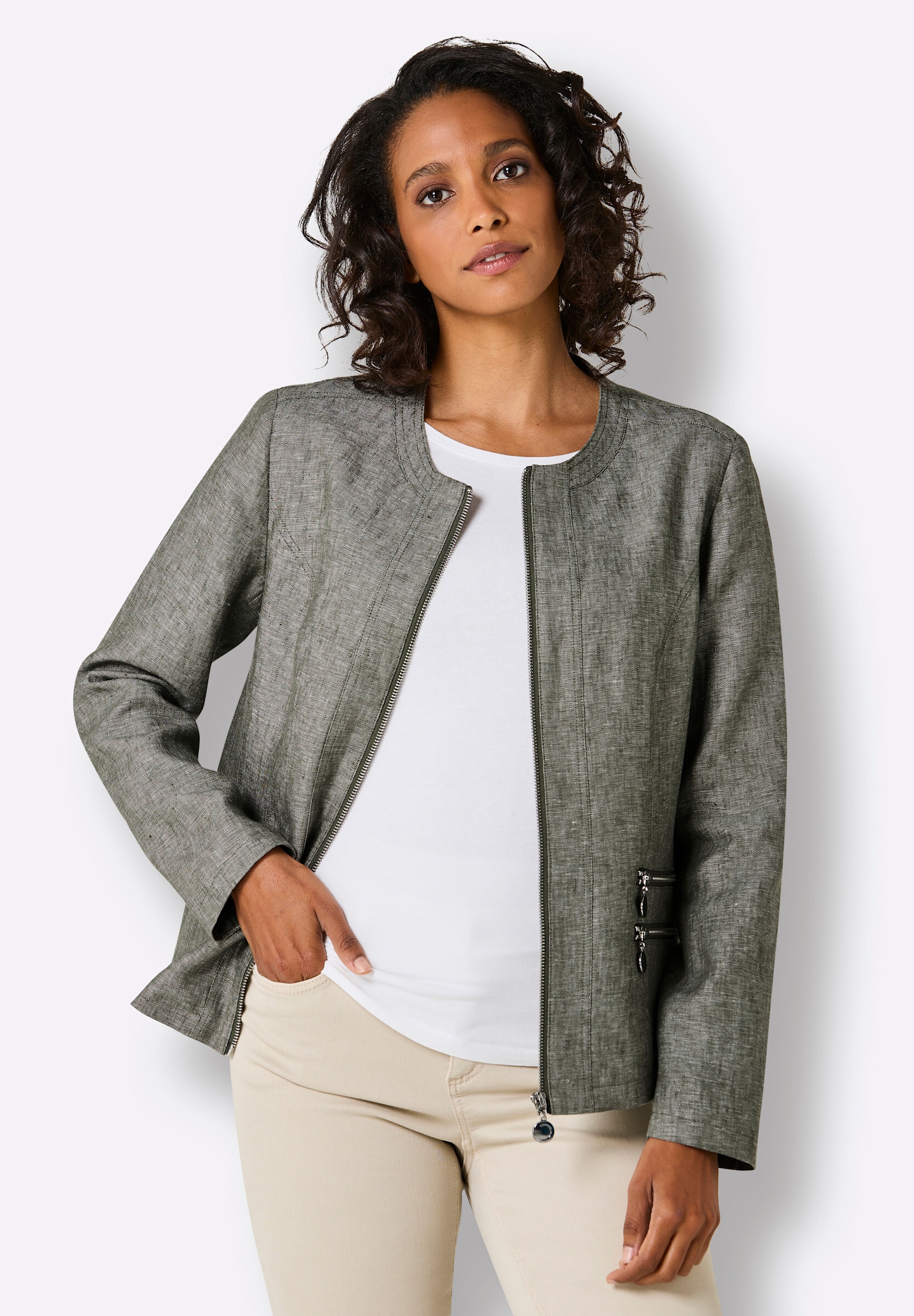 creation L Blusenblazer »Leinen-Blazer Leinenblazer mit Reißverschluss-Taschen«