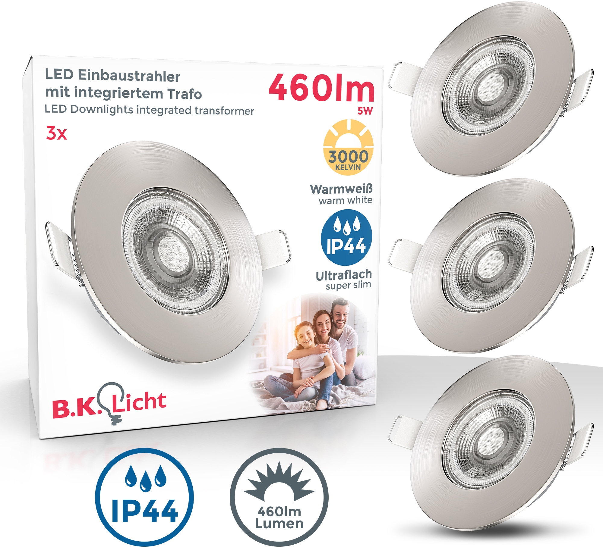 Einbaustrahler LED XXL Garantie Lampe flammig-flammig, 3 B.K.Licht 3 Deckenspots online LED IP44 mit Bad Spots Einbauleuchte, kaufen | ultraflach Jahren