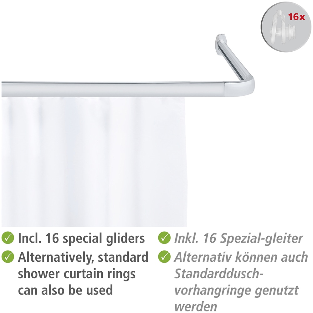 WENKO Winkelstange »Modell Era«, Winkelschiene aus Aluminium für Duschvorhänge, inkl. 16 Spezialgleiter