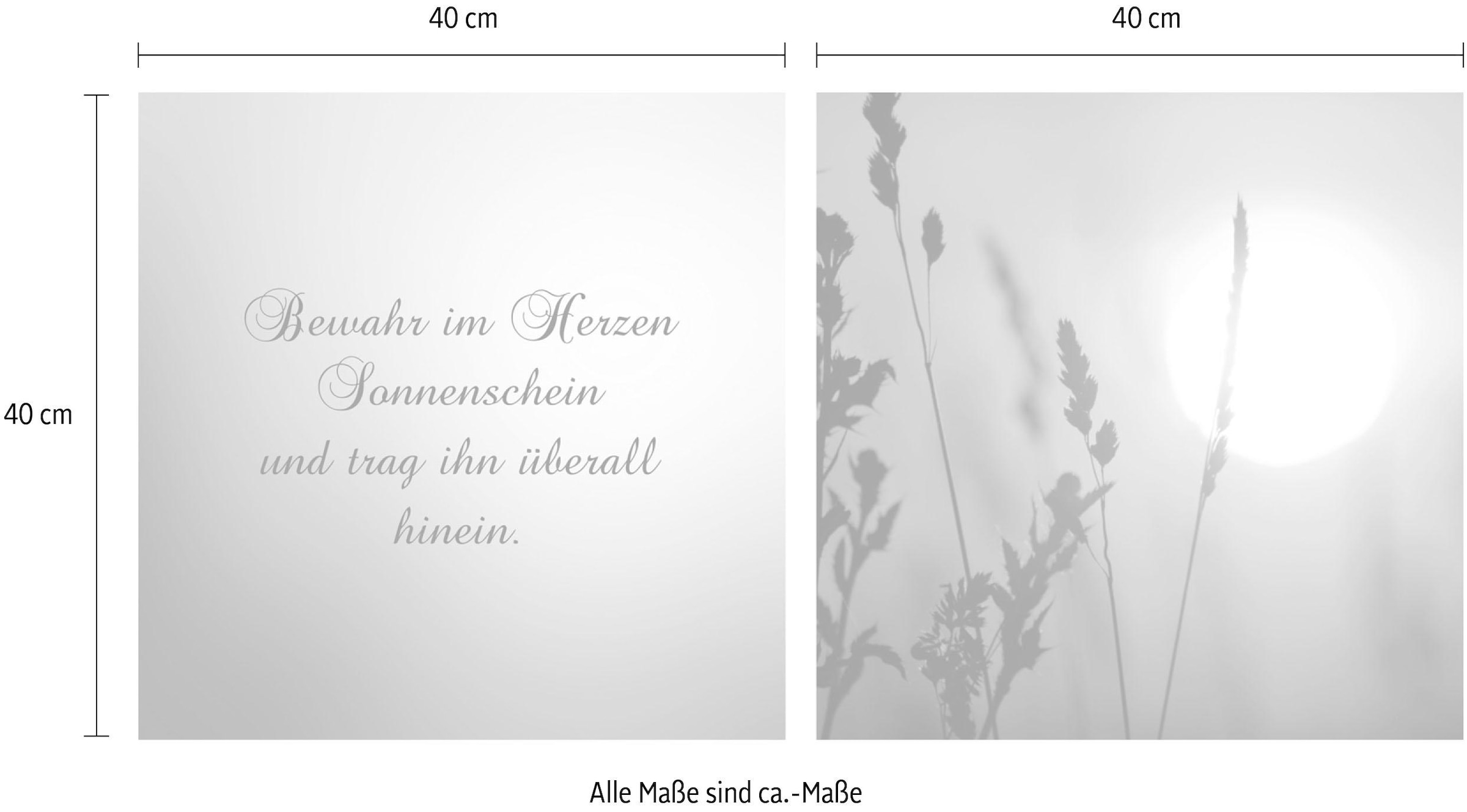 queence Leinwandbild »Sonnenschein«, Gräser-Sonnenaufgang-Blumenbilder-Kunst-Modern-Spa-Spa Bilder-Sprüche-Sprüche & Texte-Schriftzug-Schriftzüge, (Set), Premium-Leinwandstoff, Handarbeit aus Deutschland, Spruch, 2er Set