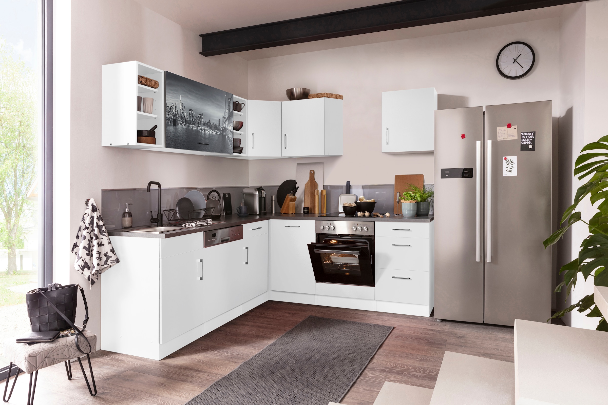 KOCHSTATION Küchenzeile »KS-Paris – Küchen mit einzigartigen Fotomotiven auf den Fronten« ohne E-Geräte, Stellbreite 220/220 cm