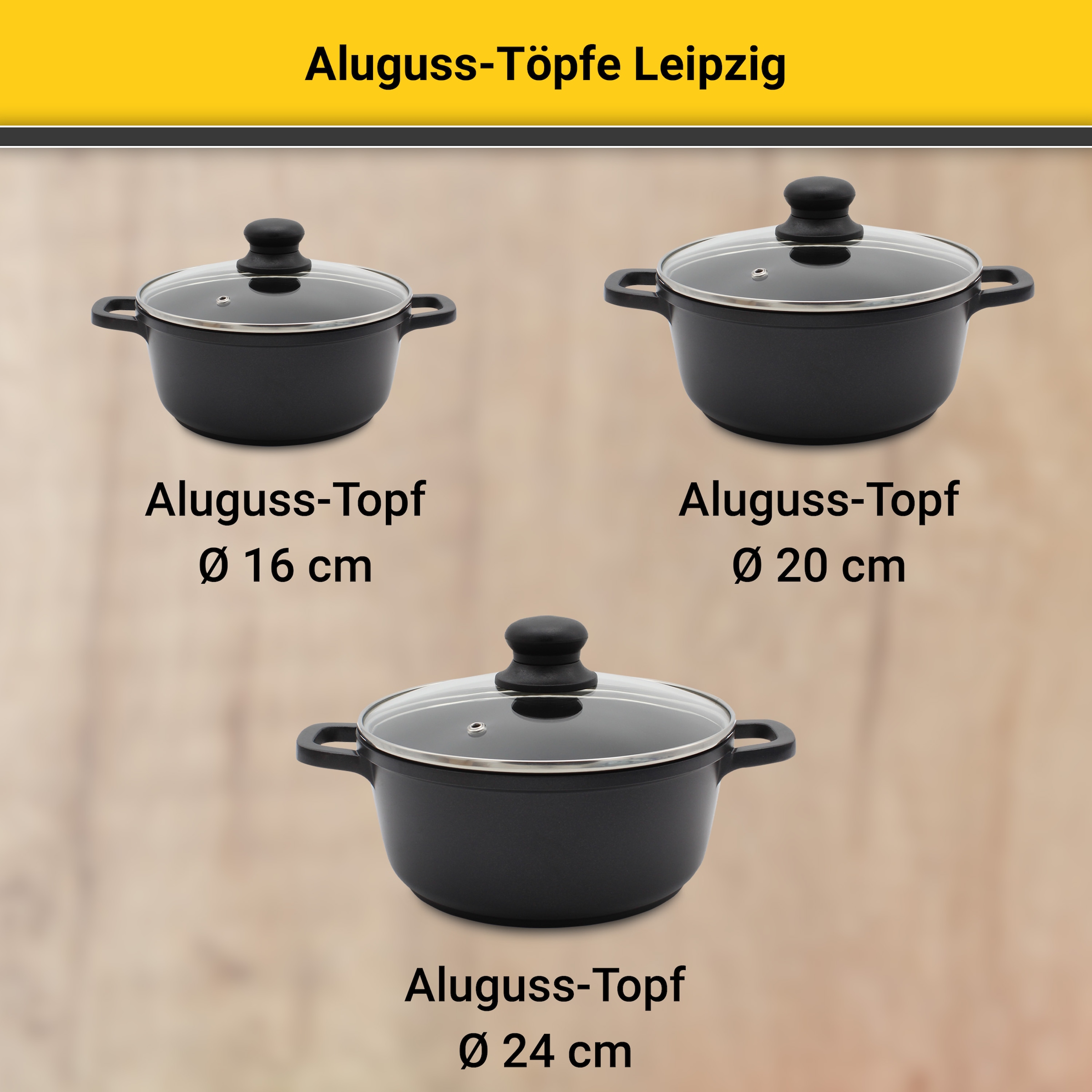 Krüger Topf-Set »Aluguss Topf-/ Pfannenset LEIPZIG inkl. Küchenhelfern, 15 tlg.«, Aluminiumguss, (Set, 15 tlg., Fleischtopf 16+20+24 cm, Pfanne flach 20+28 cm, 7 tlg. Küchenhelferset), inkl. 7-tlg. Küchenhelfer-Set