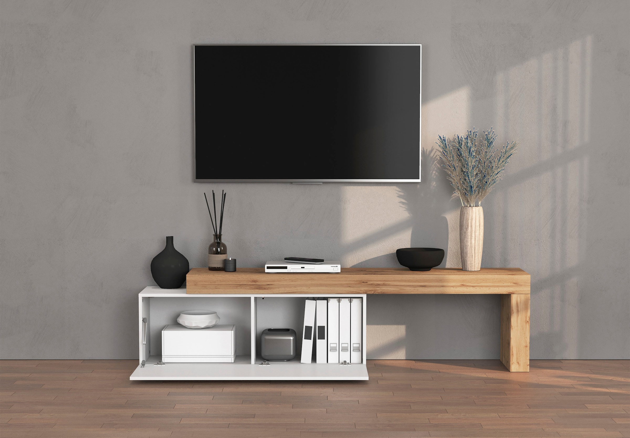 INOSIGN Lowboard »Chronos TV-Board, T-Schrank«, (1 St., Breite verstellbar von 180 bis 290 cm), Breite 240 cm TV-Board,Lowboard,1 Klappe und ein L-Förmiger Aufsatz