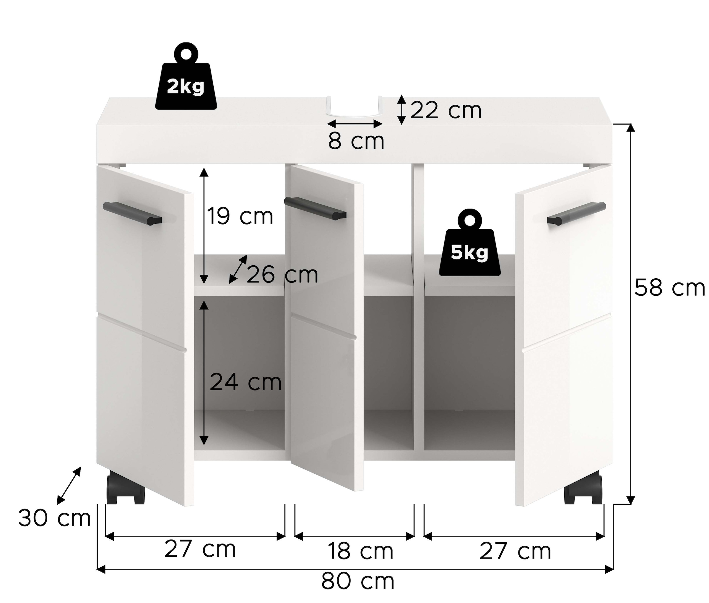 welltime Waschbeckenunterschrank »AVON, Breite 80 cm, 3 Türen, 3 Einlegböden, 6 Fächer« mit Siphonausschnitt 22x8 cm, Rückwand mit Ausschitt,  Badmöbel, Badschrank, Unterschrank, Waschtisch, Kommode, Bad
