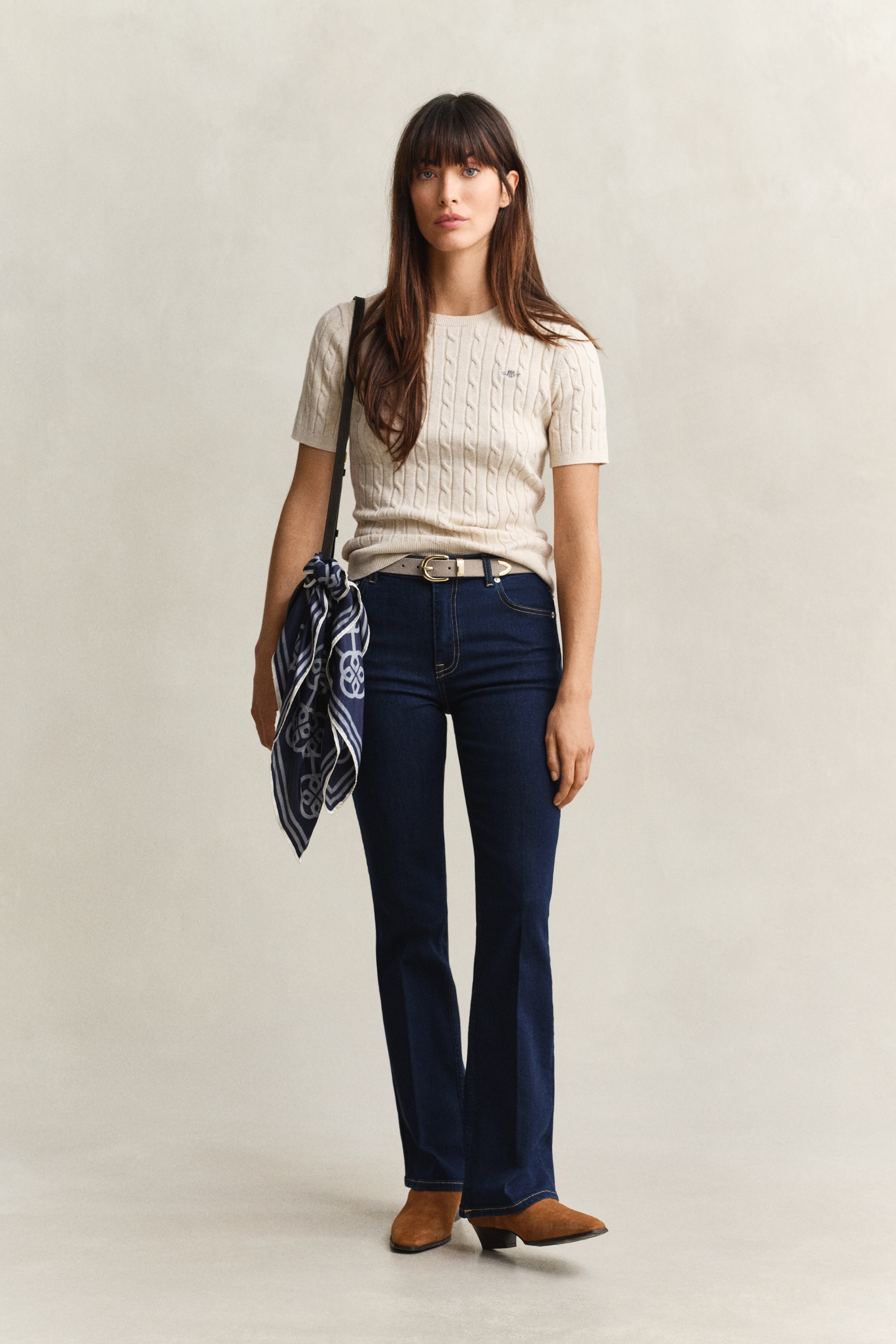 Gant Kurzarmpullover »STRETCH COTTON CABLE« Slim fit mit Rundhalsausschnitt