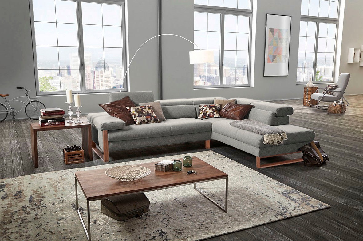 W.SCHILLIG Ecksofa »finn, Designsofa mit tollem Sitzkomfort, bequem, L-Form«, German Design Award 2016, Fußgestell Nussbaum natur, Breite 281 cm