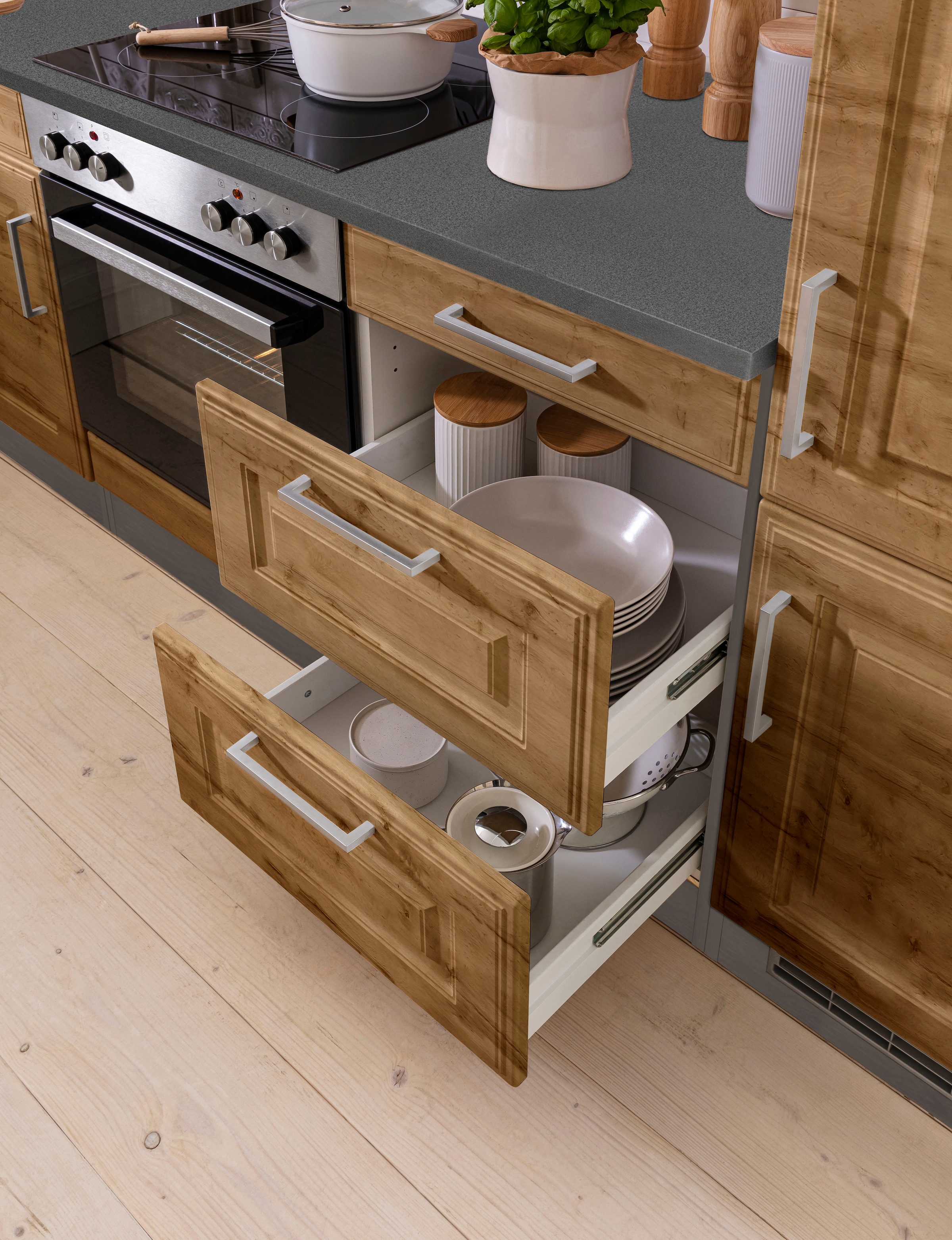 KOCHSTATION Winkelküche »KS-Stockholm« Stellbreite 220/310 cm, mit hochwertigen MDF Fronten im Landhaus-Stil