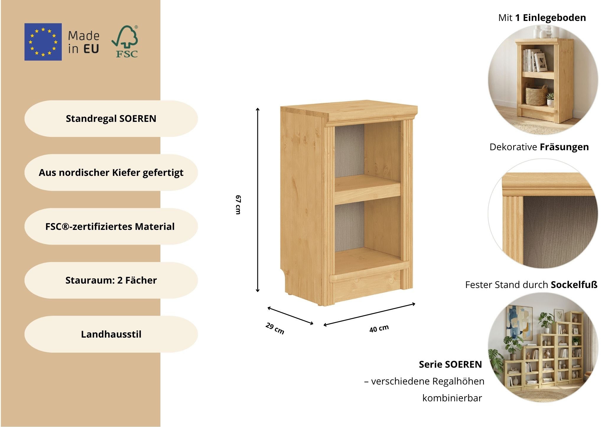 OTTO home Standregal »Riga Bücherregal Regal Breite/Tiefe 40/29 cm« aus massiver Kiefer, FSC®-zertifiziert