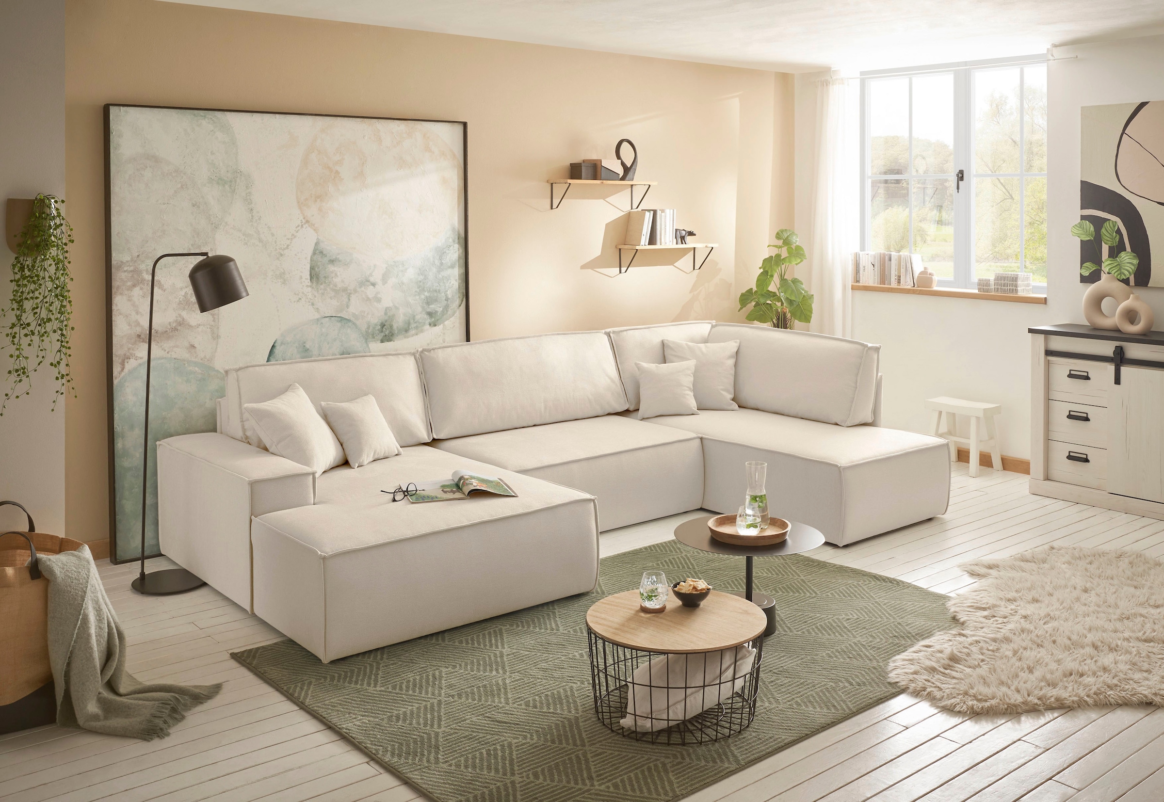 andas Wohnlandschaft »FINNLEY U-Form XXL 329 cm, Schlafsofa, Schlaffunktion m. Bettkasten«, (194/139 cm), Bouclé u. Struktur