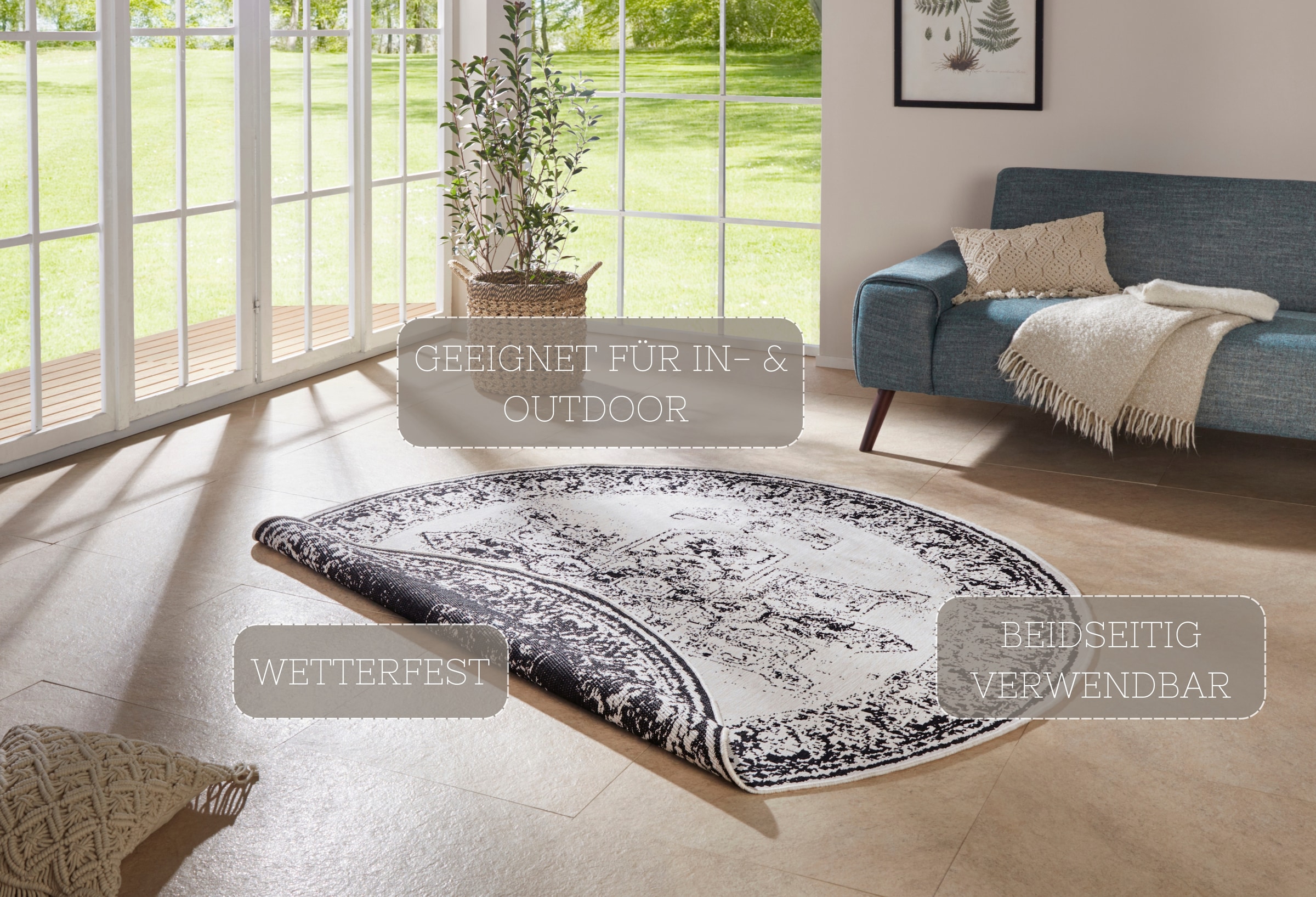 NORTHRUGS Teppich »Borbon Wendeteppich«, rund, 5 mm Höhe, In-& Outdoor, Wetterfest, Balkon, Garten, Wohnzimmer, Wasserfest
