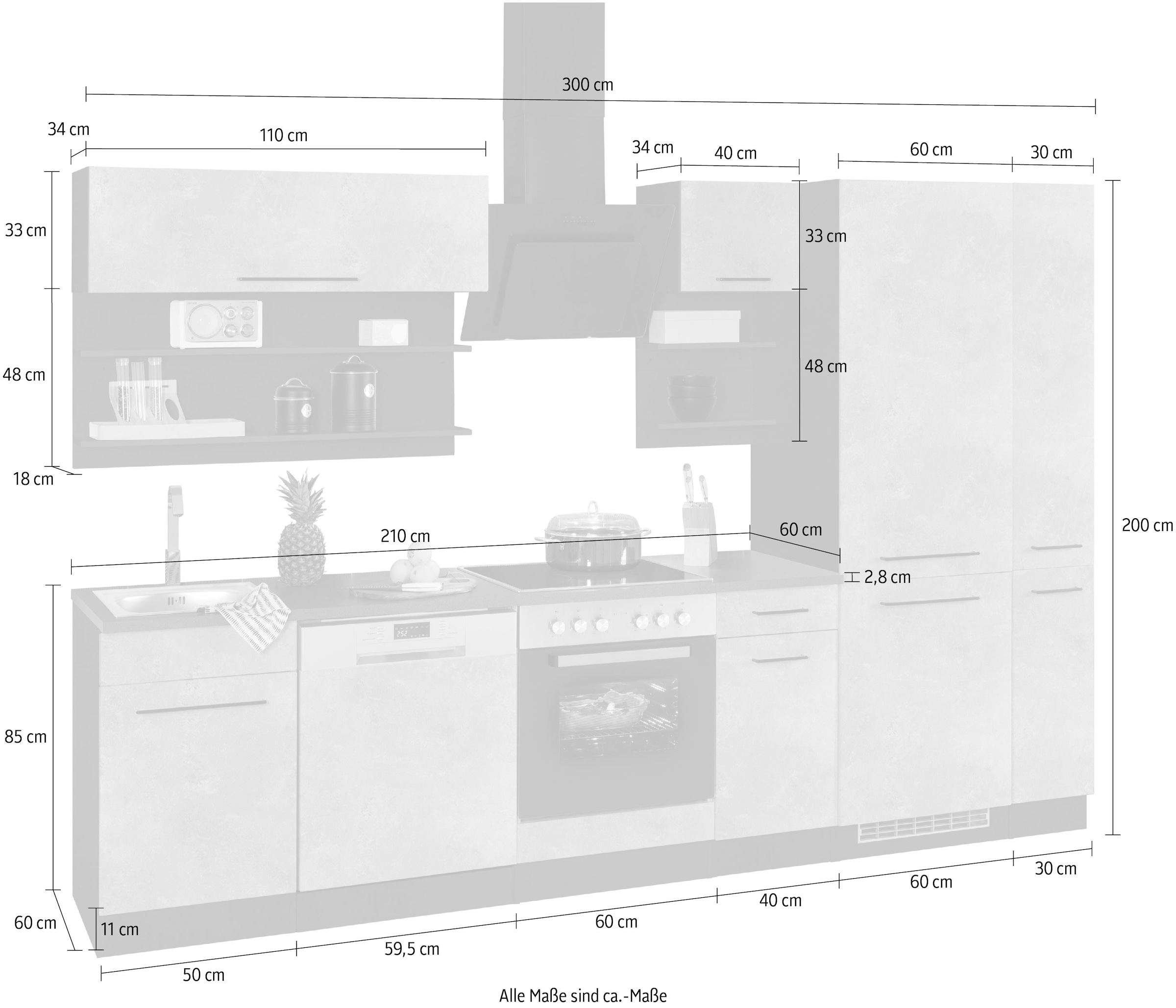 HELD MÖBEL Küchenzeile »Tulsa«, ohne schwarze MDF Raten bestellen auf cm, E-Geräte, Fronten Breite Metallgriffe, 300
