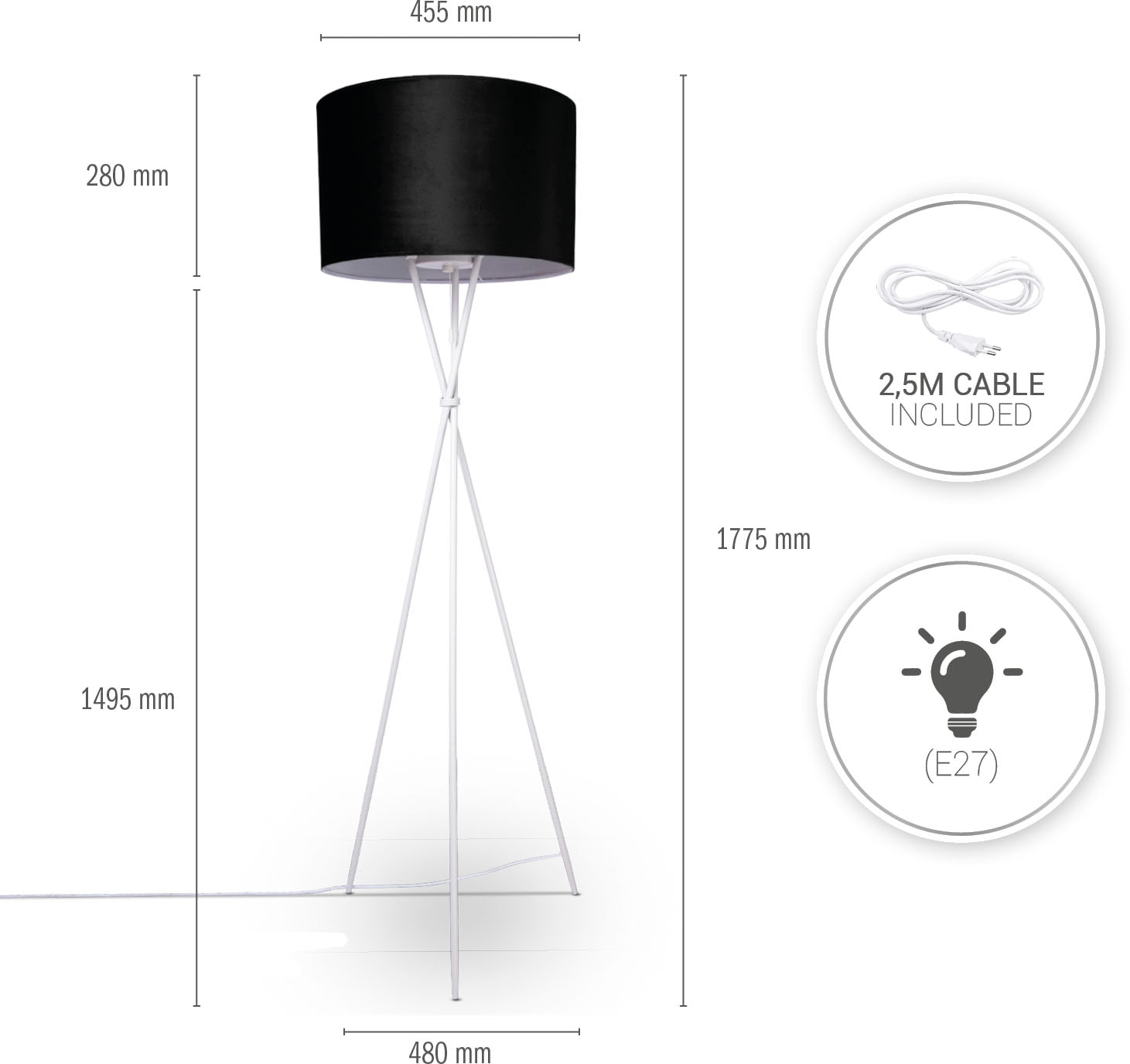 Paco Home Stehlampe »Kate uni Color«, Leuchtmittel E27 | ohne Leuchtmittel, Wohnzimmer Dreibein Standleuchte Velour Höhe 177,5cm Filigran E27