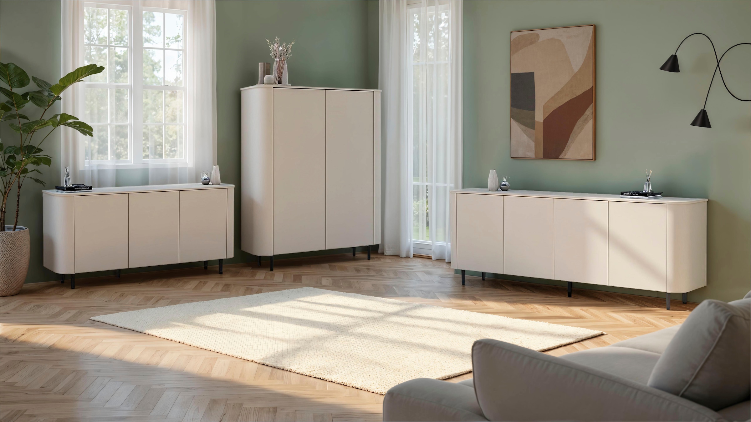 OTTO home Sideboard »Lido, 231 cm breit, 4 Türen, Anrichte, Kommode, Stauraumschrank« Formgebogenes MDF, Stirnseiten mit Rundung, Push-to-open, Metallfüße
