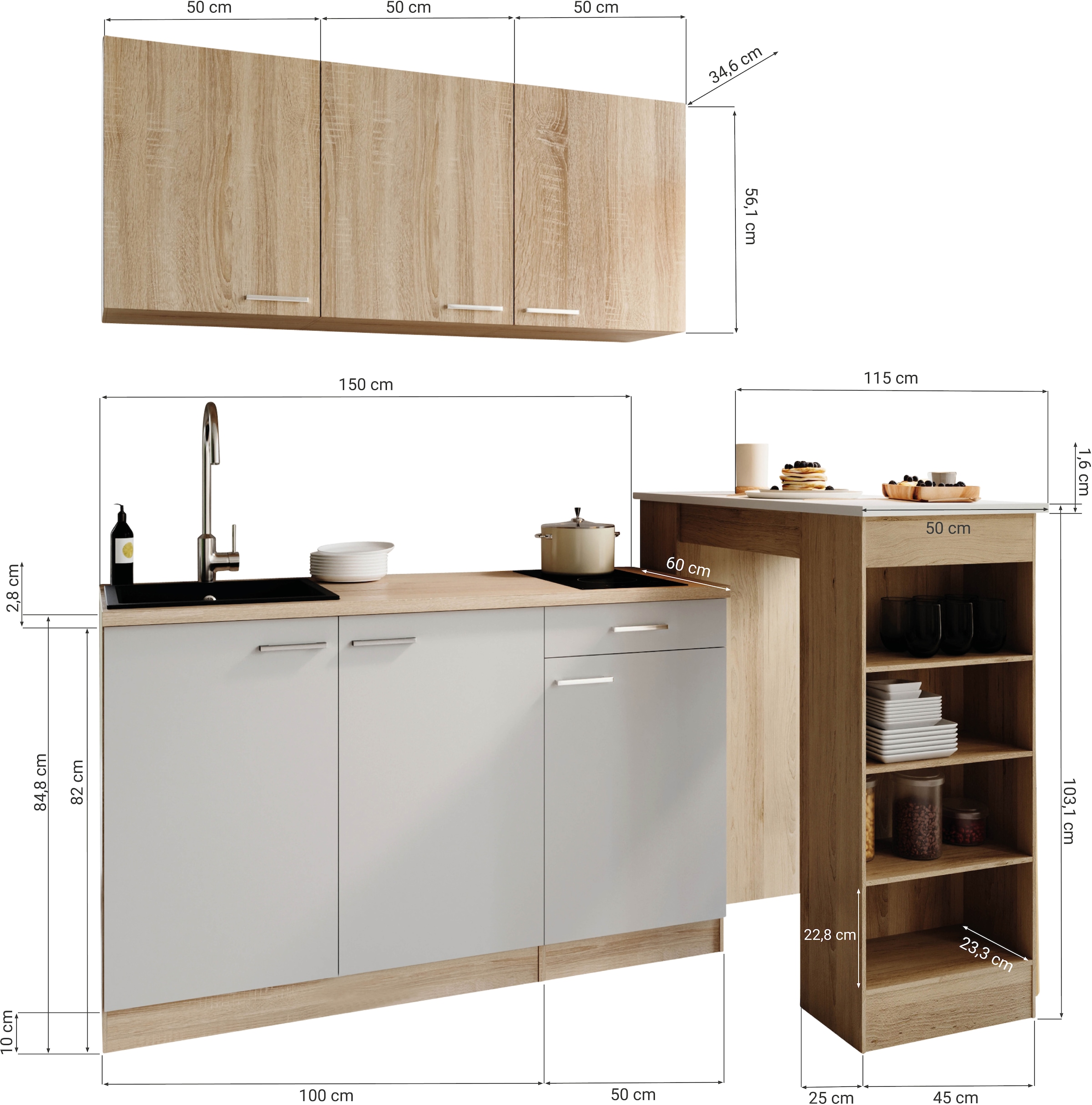 RESPEKTA Pantryküche »Ingrid, inkl. Tresentisch« zerlegt, wahlweise mit Kühlschrank, Soft-Close-Funktion, Breite 150 cm