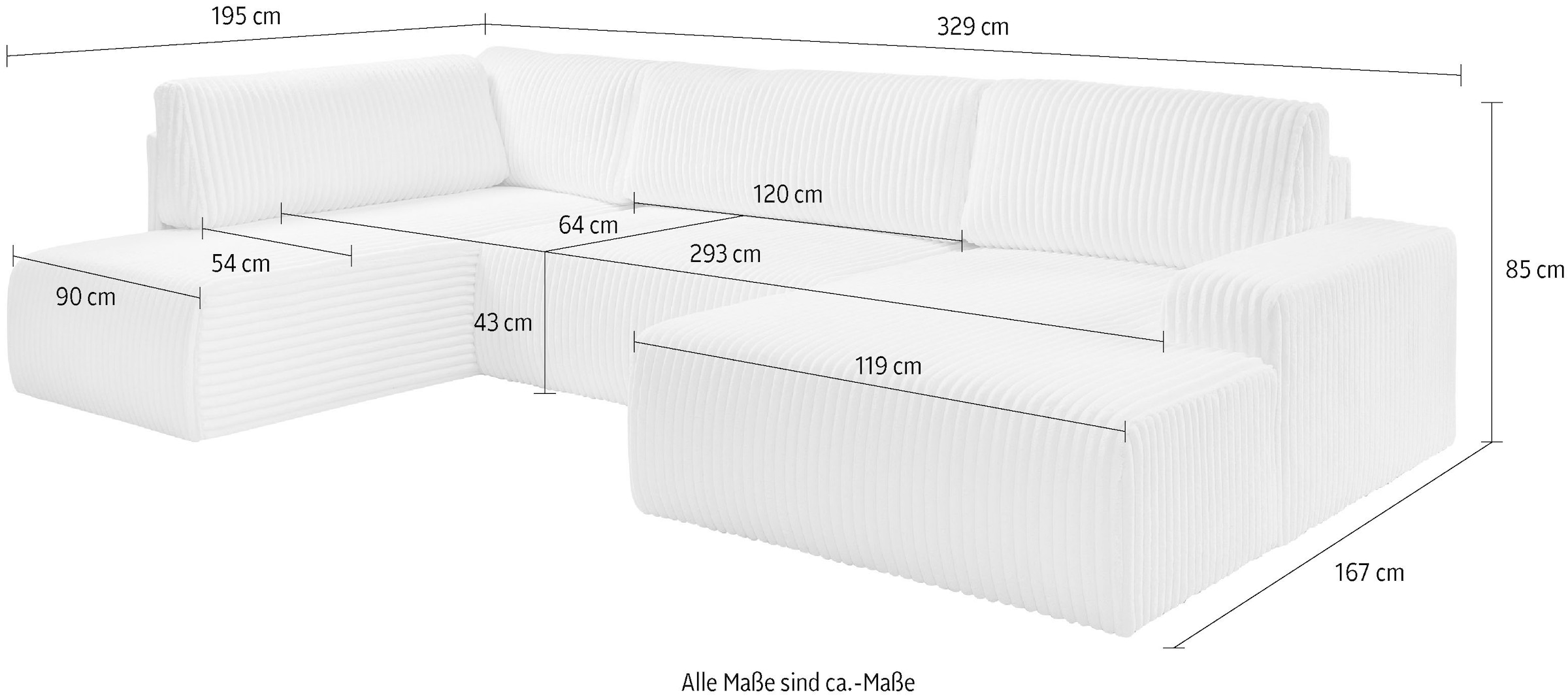 WERK2 Wohnlandschaft »Rotterdam 325 cm breit mit Bett und Bettkasten, viel Platz« Cord, U-Form, XXL, Schlaffunktion, Bettkasten