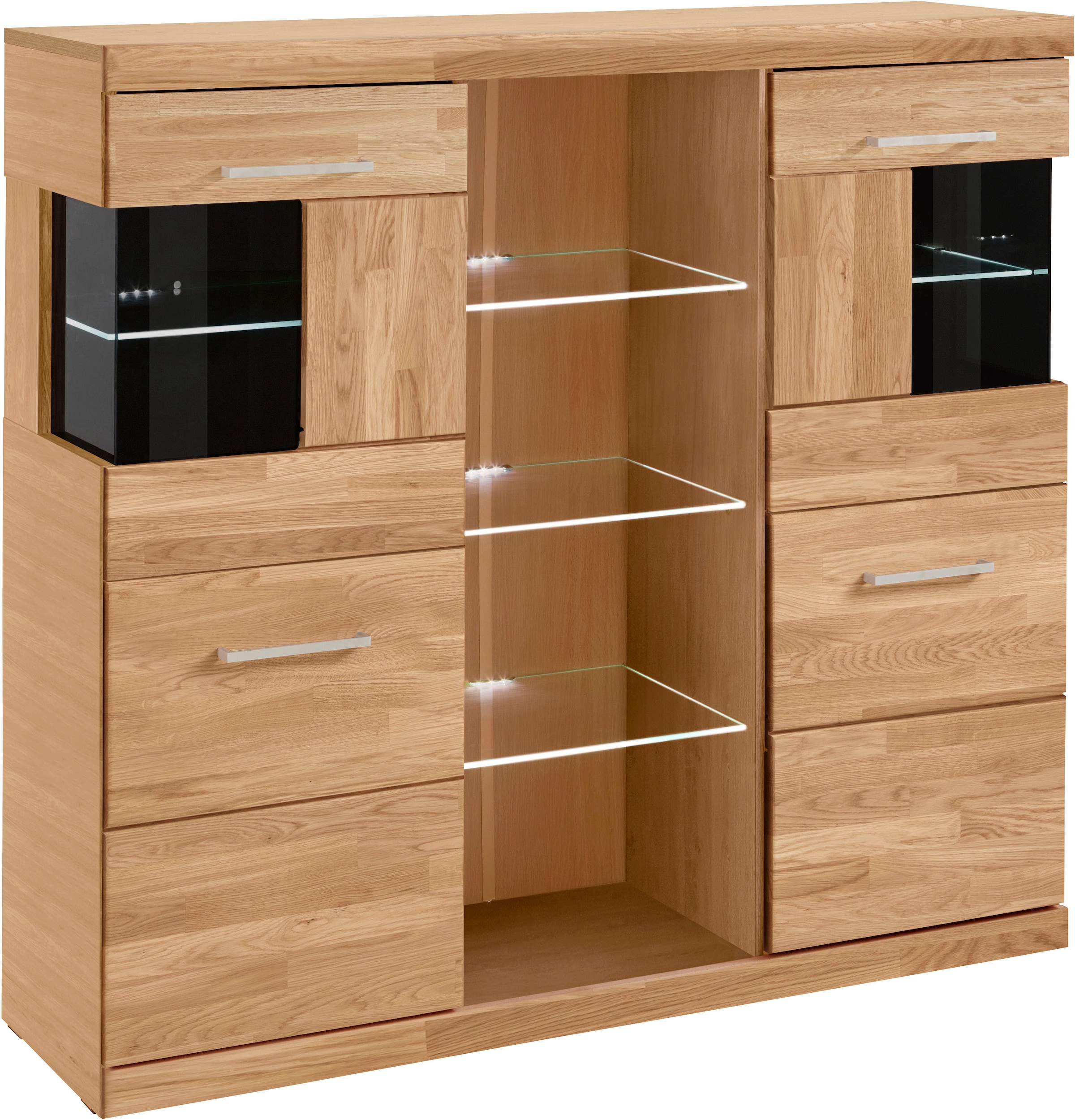 Home affaire Highboard »Ribe,120cm breit,112cm hoch,Oberplatte massiv,12 Fächer«, Holz massiv, Holzwerkstoff, Metall Griffe,2Türen mit Glaseinsatz