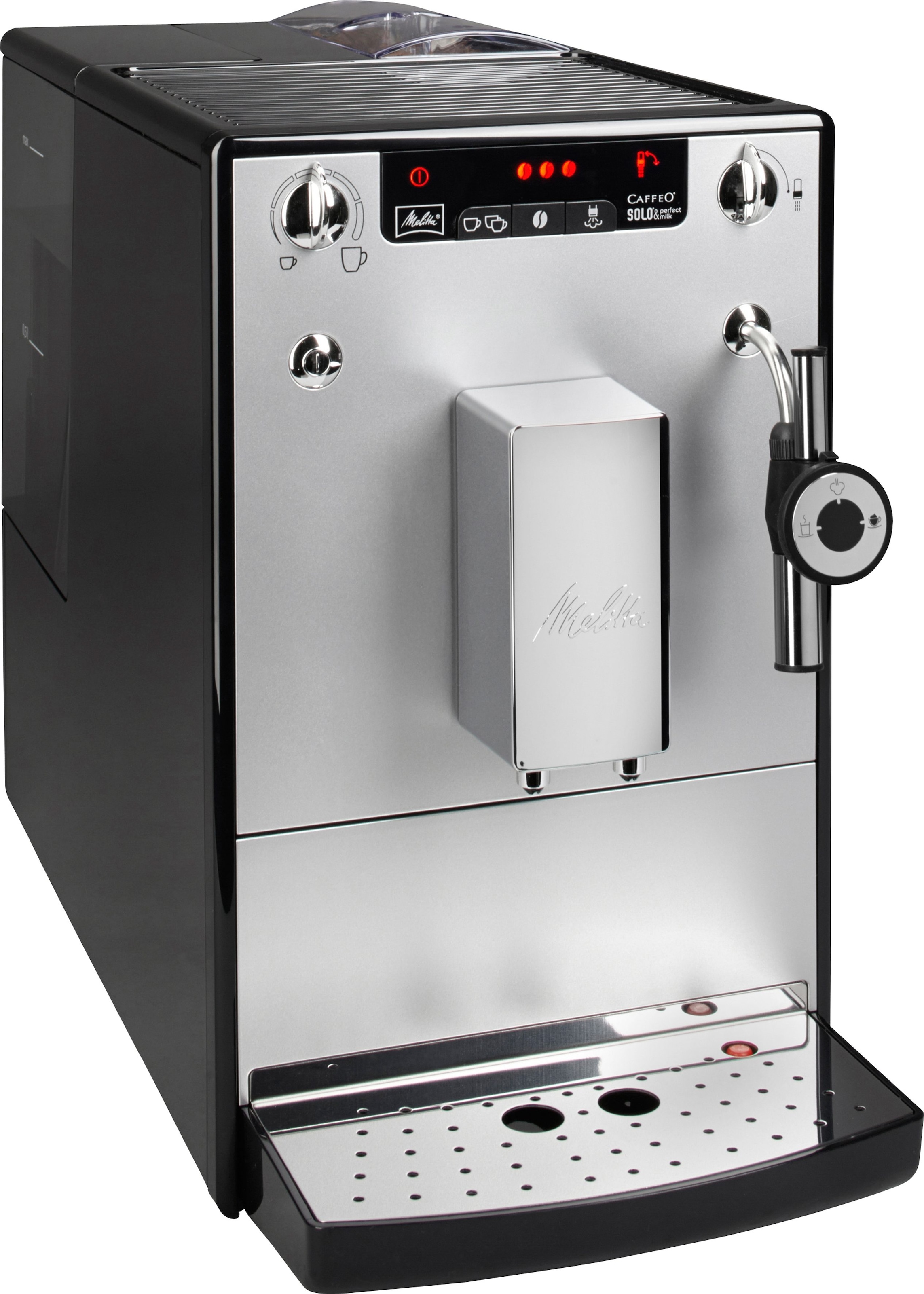 Melitta Kaffeevollautomat Milk »Solo® Café XXL Milchsch&heiße Perfect mit silber/schwarz«, One Drehregler 3 Jahren & E957-203, per per Milch crème&Espresso Touch, Garantie