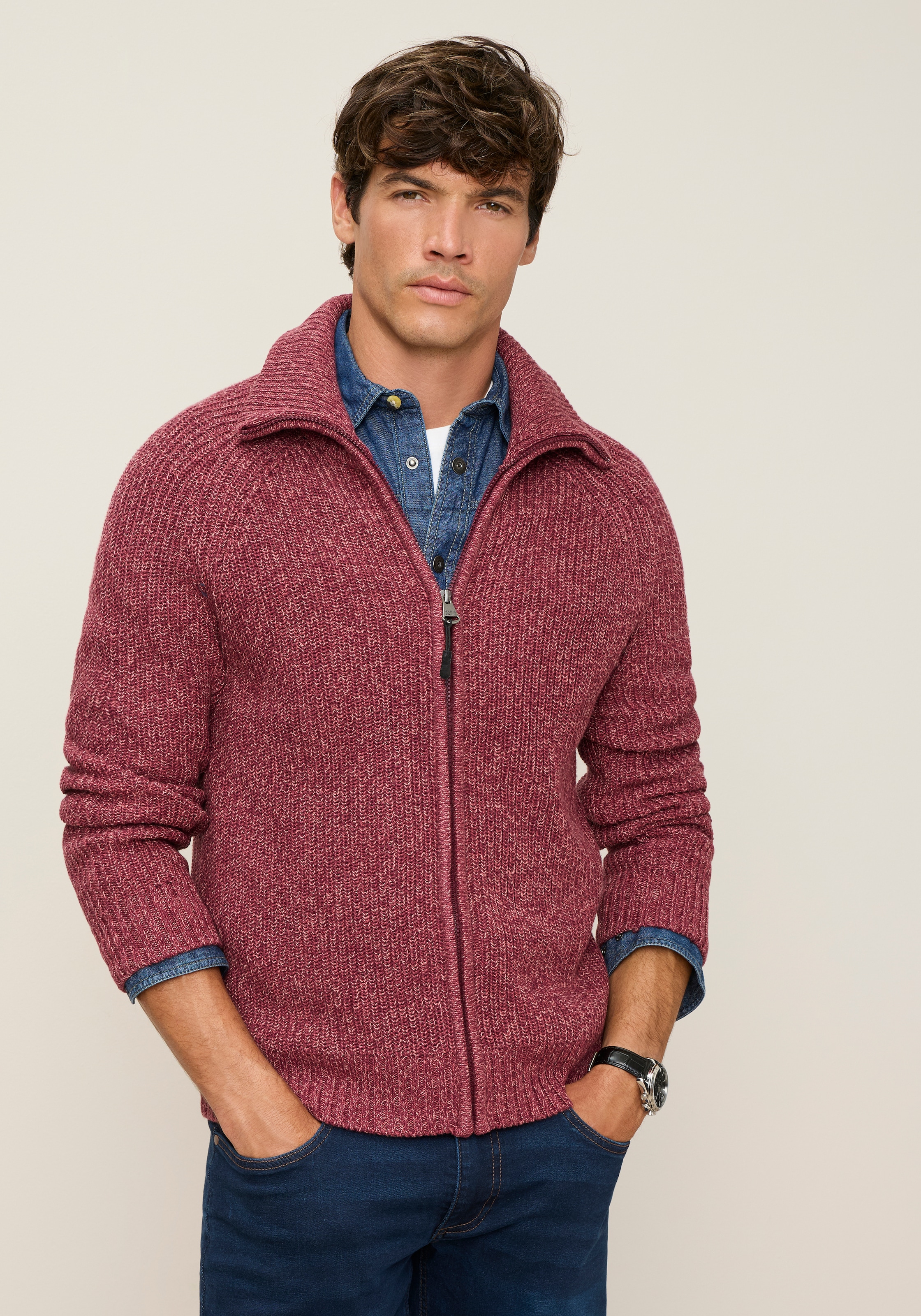 Man's World Strickjacke »Mit Stehkragen & Reißverschluss melierte Optik« regular fit, mit Raglanärmeln