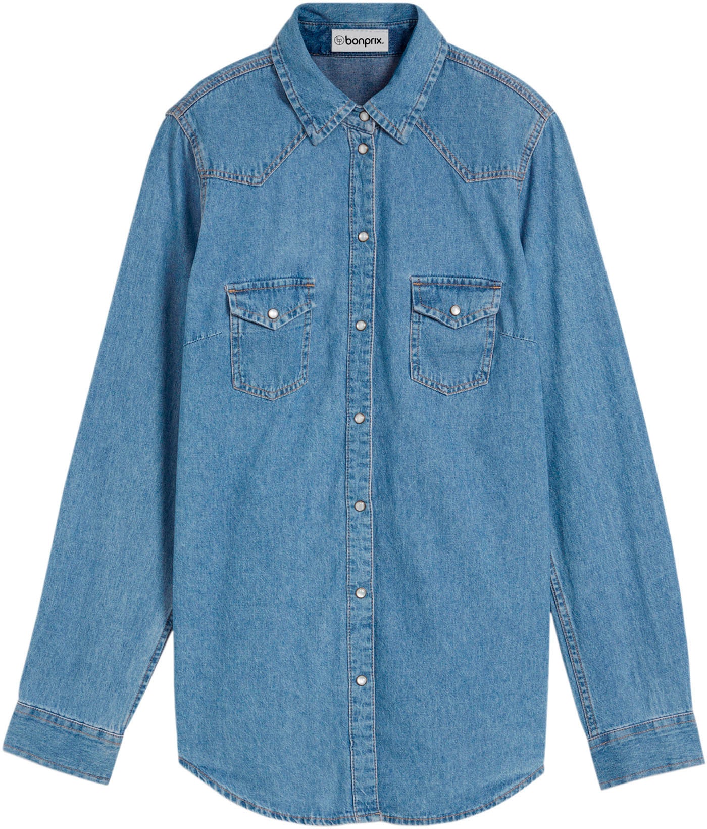 bonprix Jeanshemd bequeme Passform, po-bedeckende Länge, unifarbenes Design
