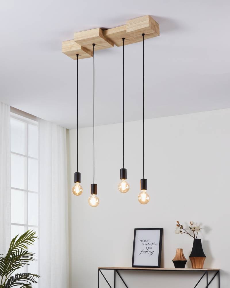 EGLO Hängeleuchte »HALKIN«, 4 flammig, Leuchtmittel E27 | ohne Leuchtmittel, Pendelleuchte, Holz in Natur und Metall in Schwarz, FSC100HB, E27