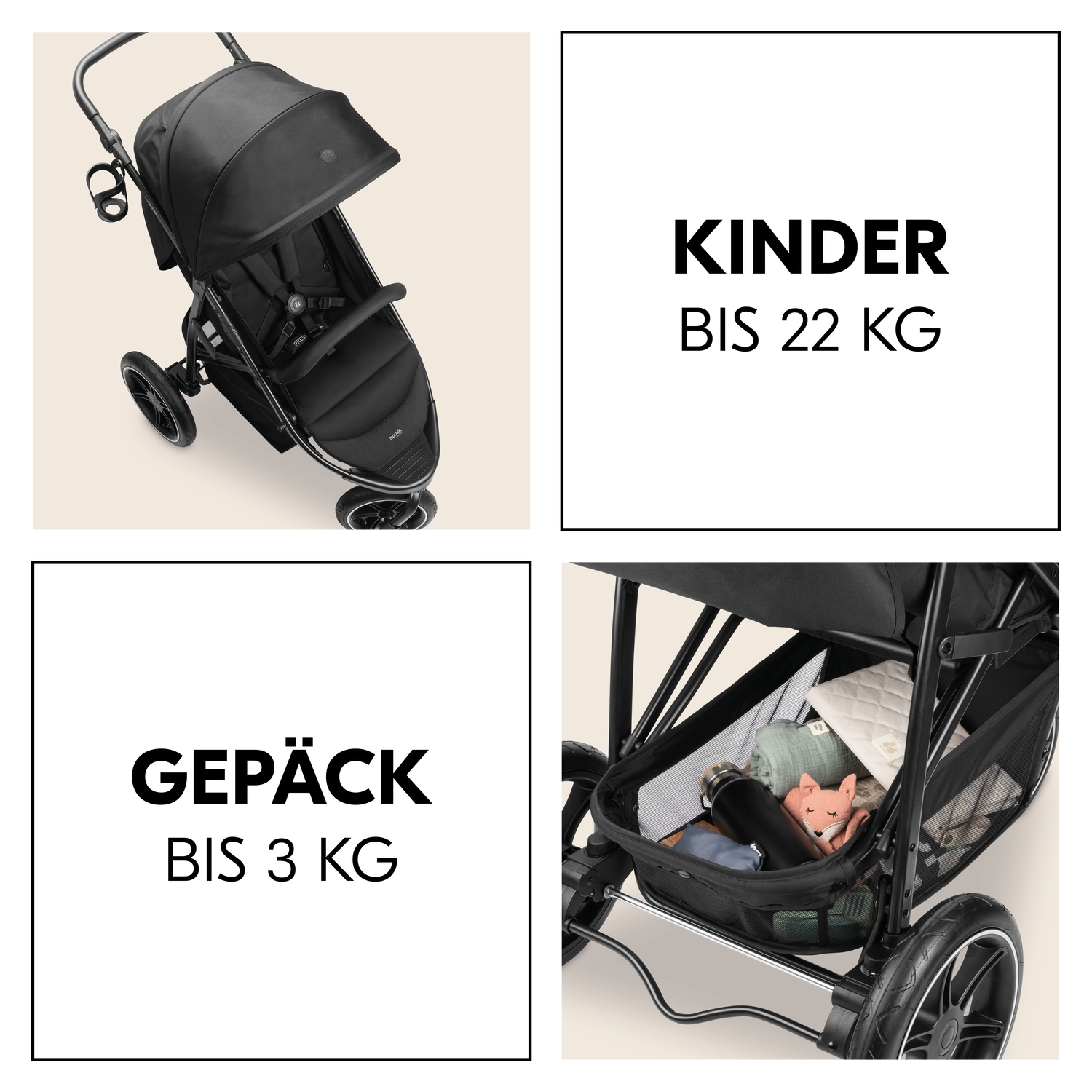 Hauck Kinder-Buggy »Dreiradbuggy, Rapid 3 Air, black«, 22 kg, mit schwenk/feststellbarem Vorderrad; Lufträder; bis 22 kg belastbar