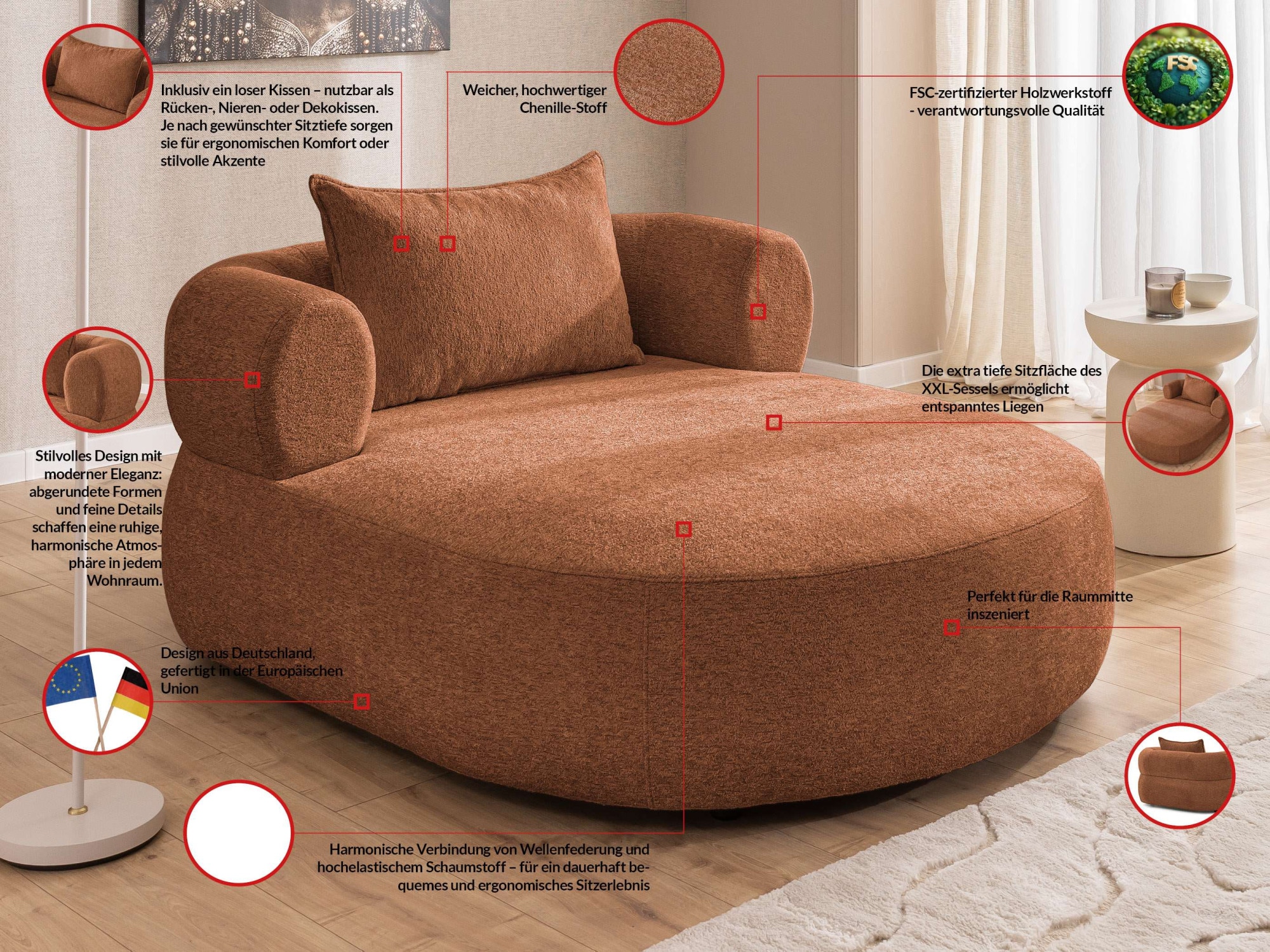 Home affaire XXL-Sessel »LUSSAC Loveseat extra tief, große Sitzfläche, Maße B/T/H: 123/158/78cm« hoher Sitzkomfort und modernes Design, Sofa ohne Bettfunktion