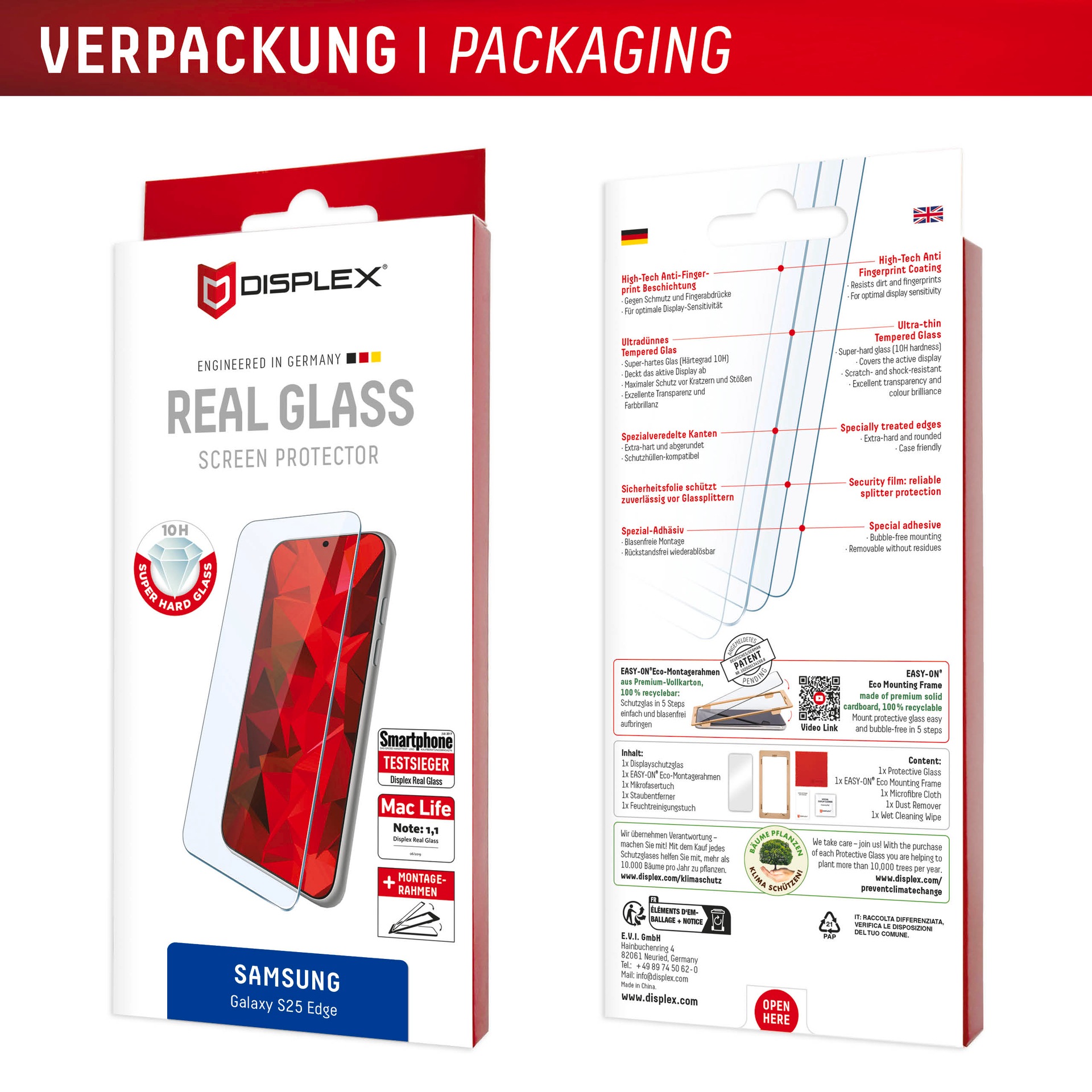 Displex Displayschutzglas »Real Glass Screen Protector« für Samsung Galaxy S25 Edge Displayschutzfolie, Schutzfolie, Bildschirmschutz, kratz- & stoßfest