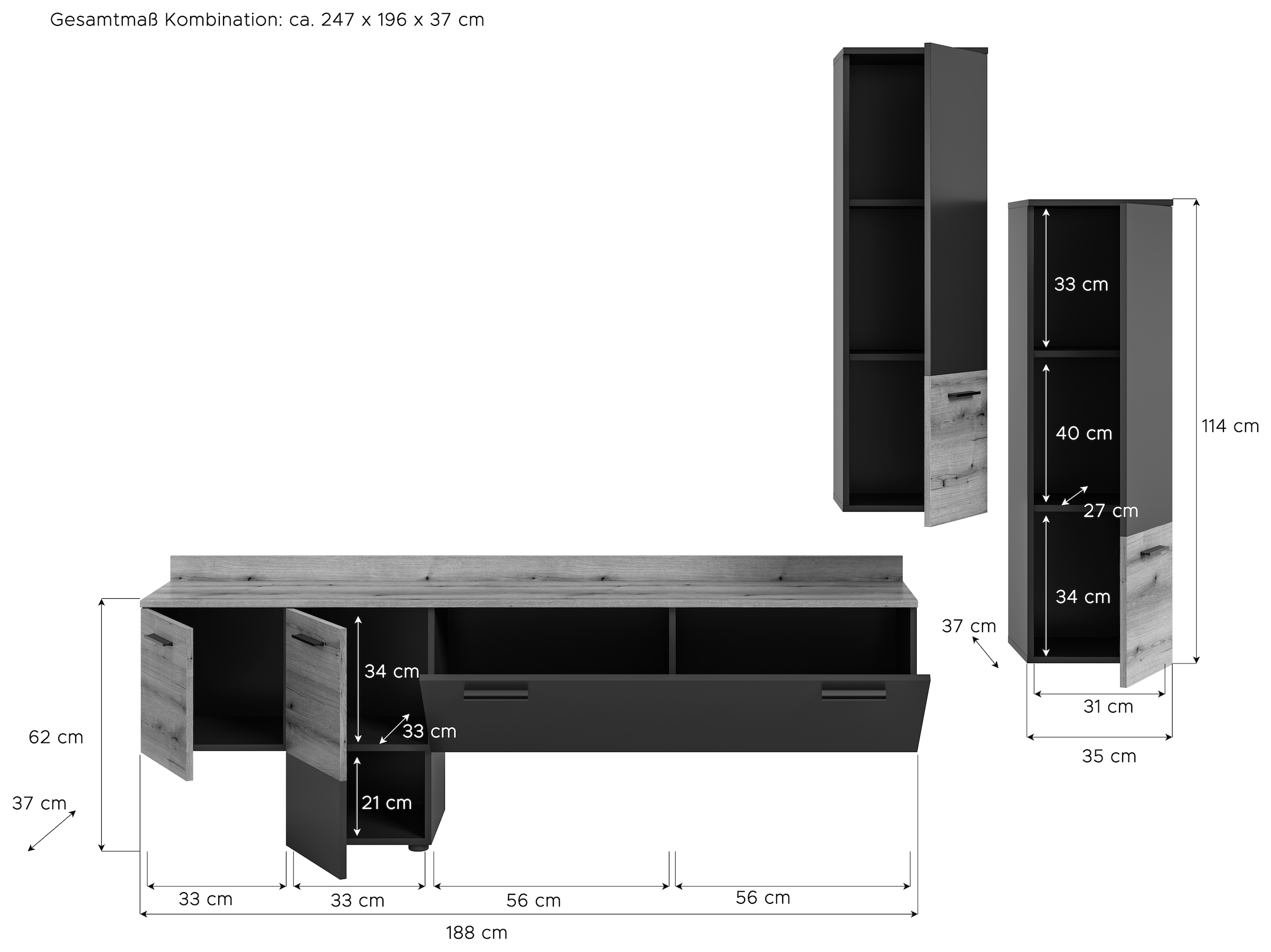 INOSIGN Wohnwand »Laport, Breite 247 cm, inkl. 1 Lowboard mit indirekter Beleuchtung &«, (3 St.), 2 Hängeschränken, TV-Wand, TV-Möbel, Mediawand, Wohnkombination