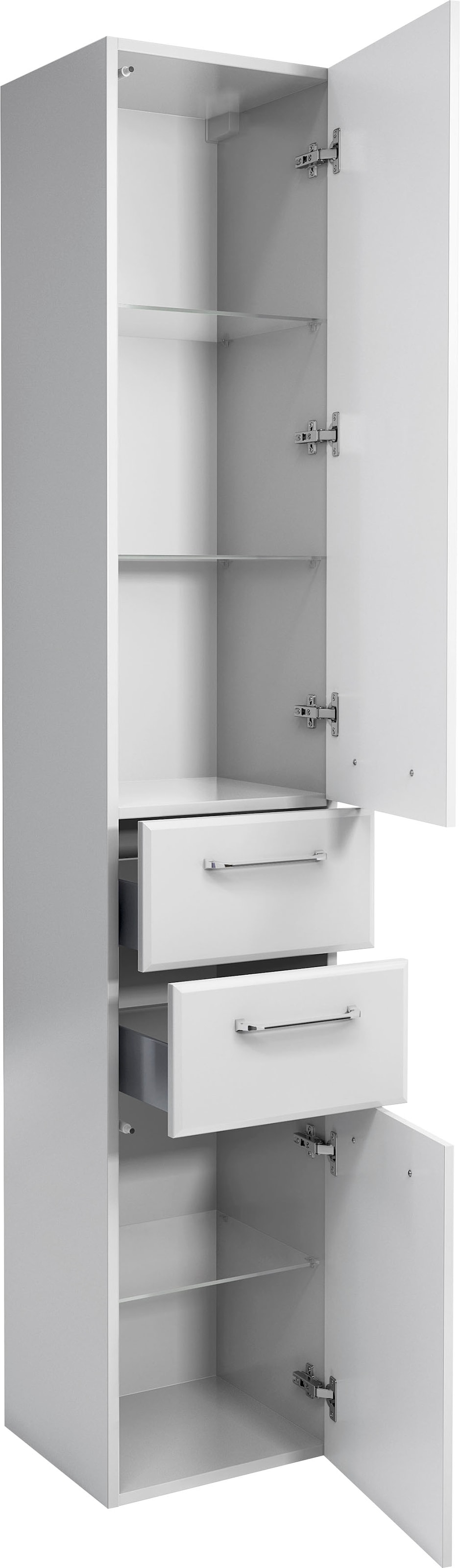 Saphir Hochschrank »Quickset Badschrank 35 cm breit, 2 Türen, 2 Schubladen, 3 Einlegeböden« Badezimmer-Hochschrank inkl. Türdämpfer, Griffe in Chrom glänzend