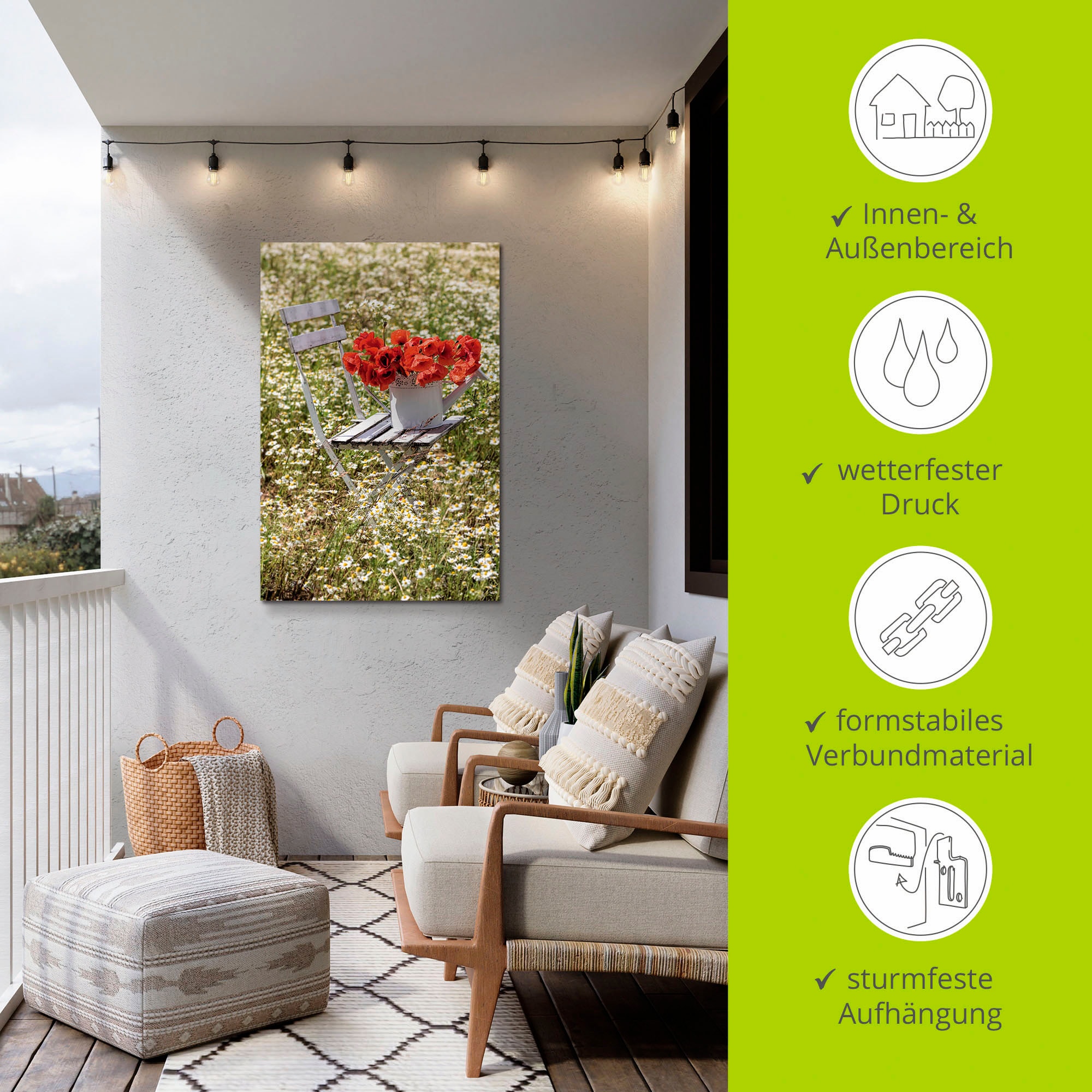 Artland Alu-Dibond-Druck »Stuhl im Kamille Feld mit Mohnblüten« Blumenwiese 1 Stk. tlg. für Innen- und Außenbereich geeignet, Outdoorbild