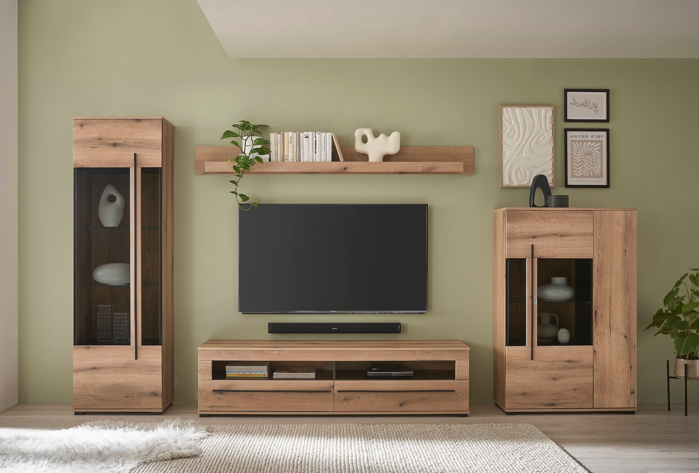 INOSIGN Wohnwand »Cantara, moderne Anbauwand, Wohnzimmer-Set, in Eiche Evoke oder Weiß«, (Set, 4 St.), enthält zwei Vitrinen, ein Lowboard und ein Wandboard