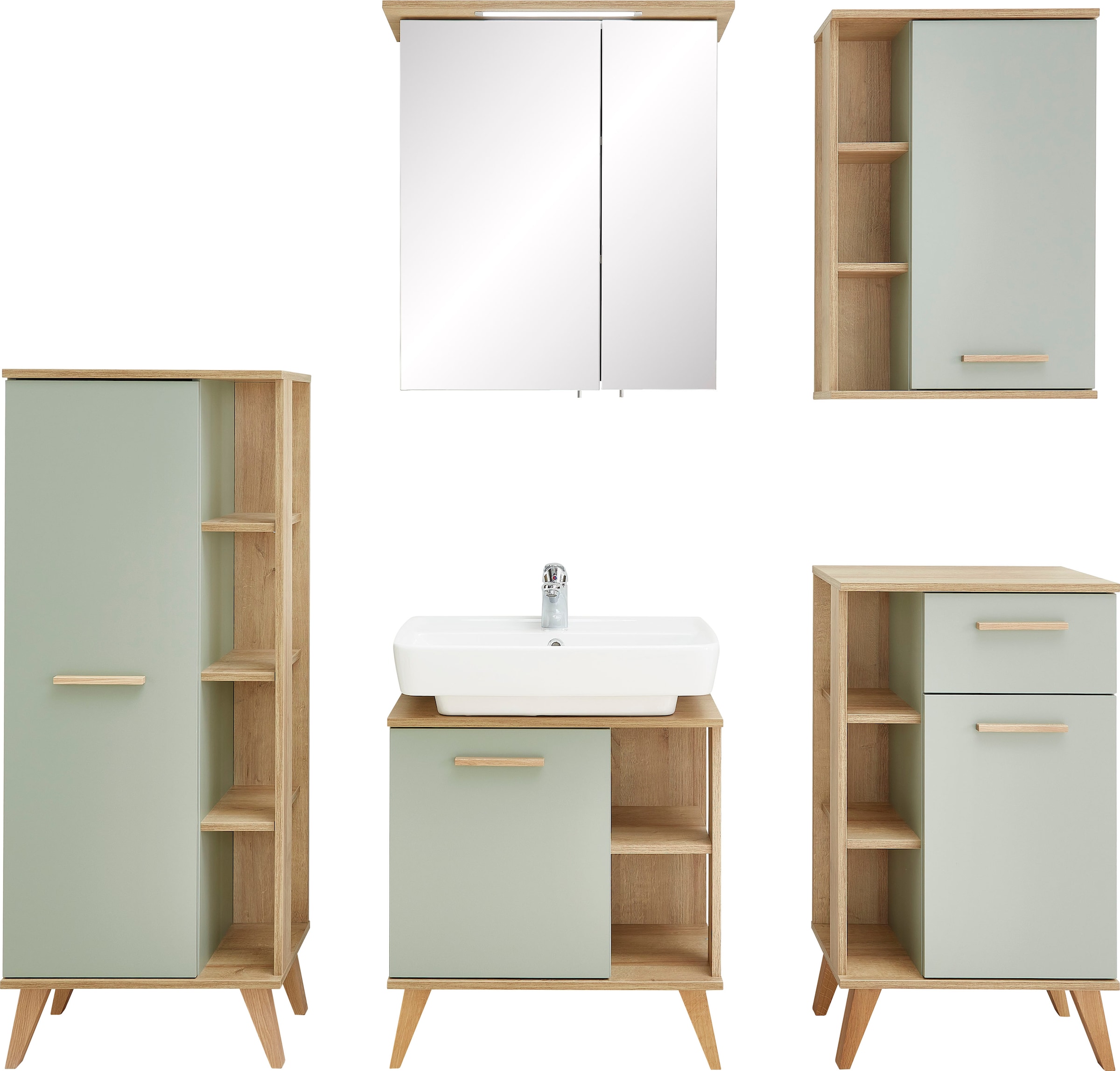Saphir Badmöbel-Set »Quickset 5-teilig, Waschbeckenunterschrank mit LED-Spiegelschrank«, (5 St.), Unterschrank, Hängeschrank, Midischrank, inkl. Türdämpfer, 6 Türen