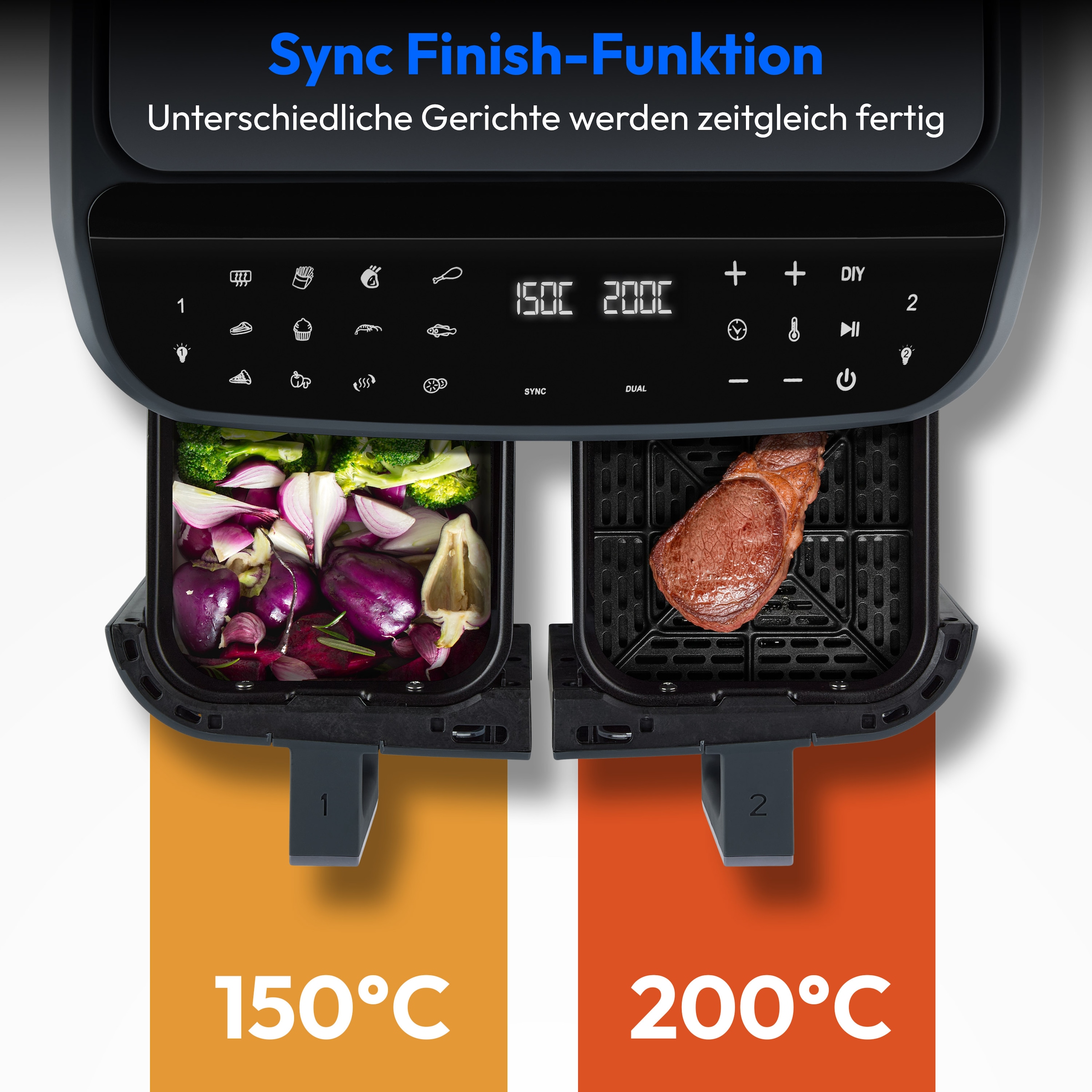 Medion® Heißluftfritteuse »MD 11760 P20XXL Twin« 2400 W Temperatur 50 - 200 °C, ILAG Beschichtung, Sync-Finish