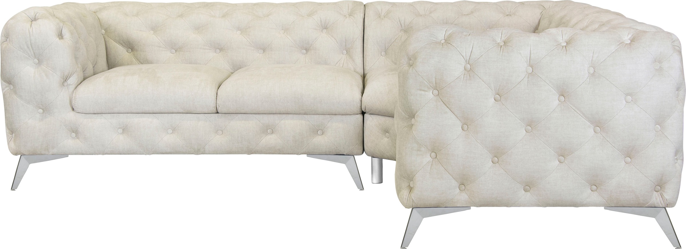 Leonique Chesterfield-Sofa »Ecksofa GLYNIS L-Form mit Wellenunterfederung, Maße B/T/H 264/264/75cm«, aufwändige Knopfheftung, moderne Chesterfield Optik, Fußfarbe wählbar