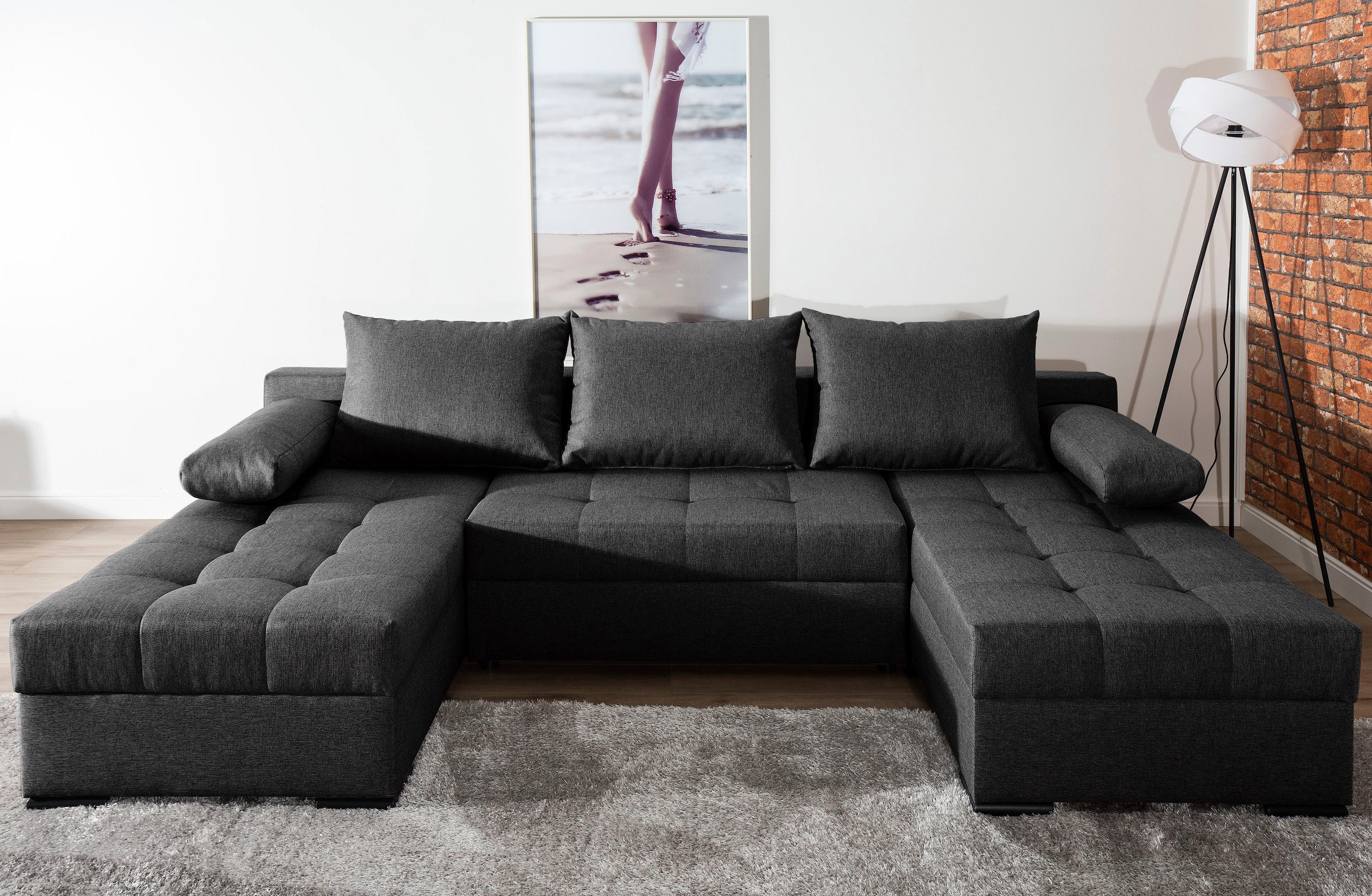 COLLECTION AB Wohnlandschaft »Josy U-Form, Breite 269 cm, Flachgewebe, Struktur, Cord & Cord/Mix«, (Cord-/Mix), inkl. Bettfunktion, Bettkasten, mit 3 gleich großen Rückenkissen