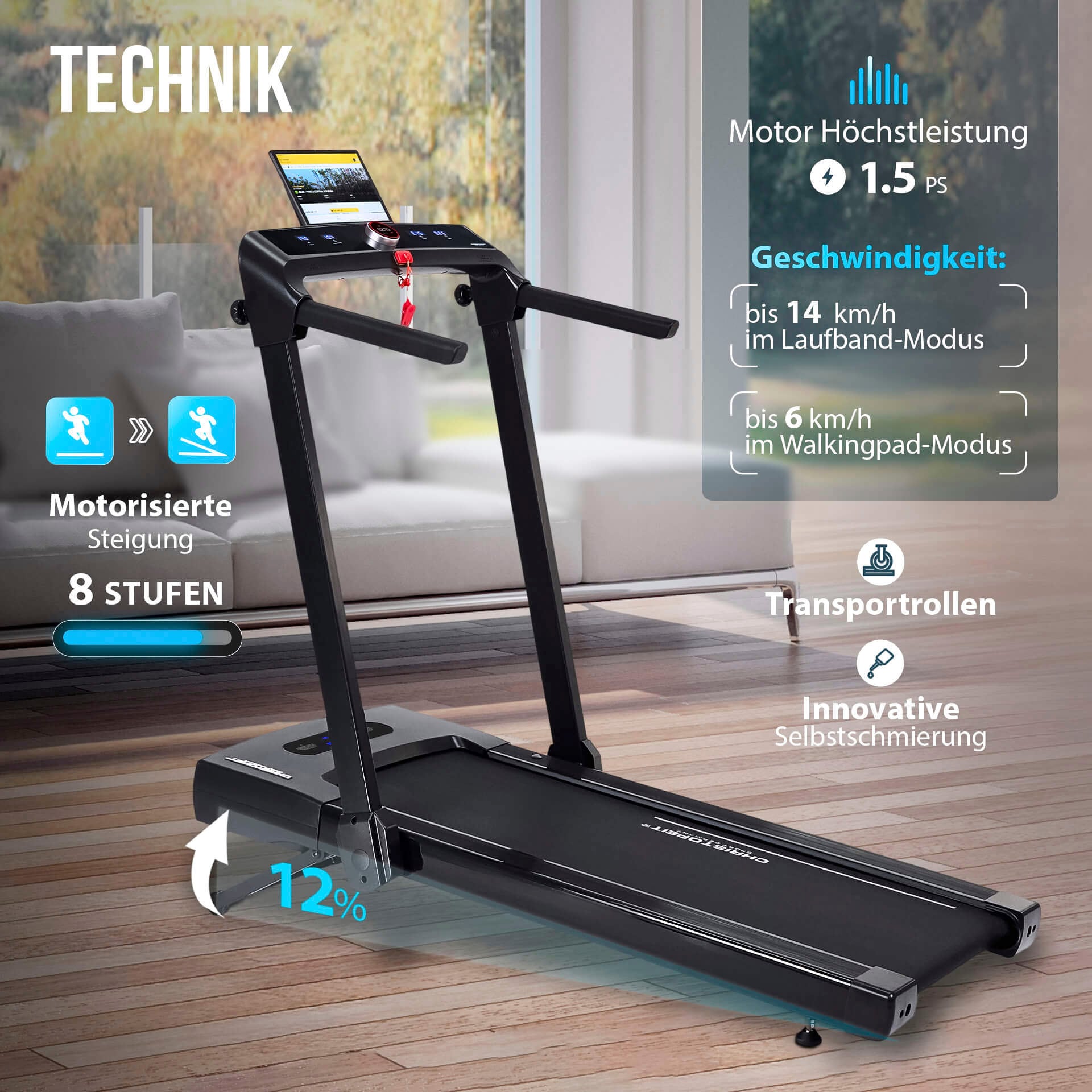 Christopeit Sport® Laufband »2 in 1«, (1 tlg., inkl. Bluetooth-Musikboxen), bis max. 14 km/h, klappbar