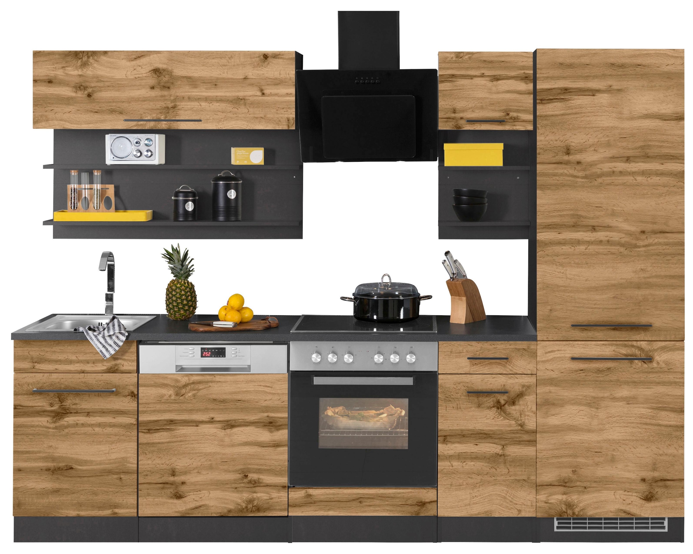 KOCHSTATION Küchenzeile »KS-Tulsa«, ohne E-Geräte, Breite 270 cm, schwarze Metallgriffe, MDF Fronten