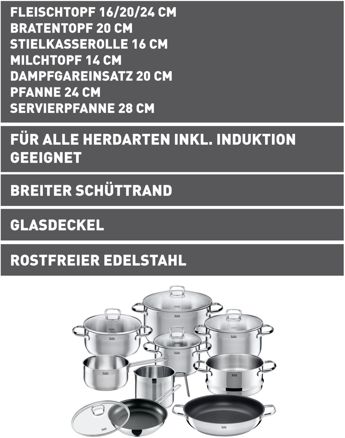 Silit Topf-Set »Toskana, Kochtopf Set mit Glasdeckel induktionsgeeignet, teilmattiert« Set, mit Milchtopf und Dampfgareinsatz, 14 Stk. tlg. Edelstahl 18/10