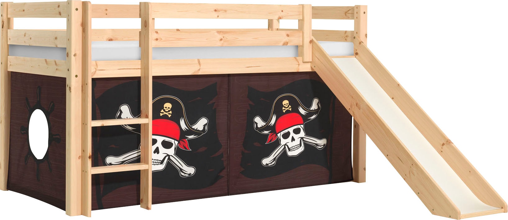 Vipack Spielbett »Vipack Pino«, (Made in Europe), Hochbett mit Textil-Set, inkl. Rolllattenrost, Leiter und Rutsche
