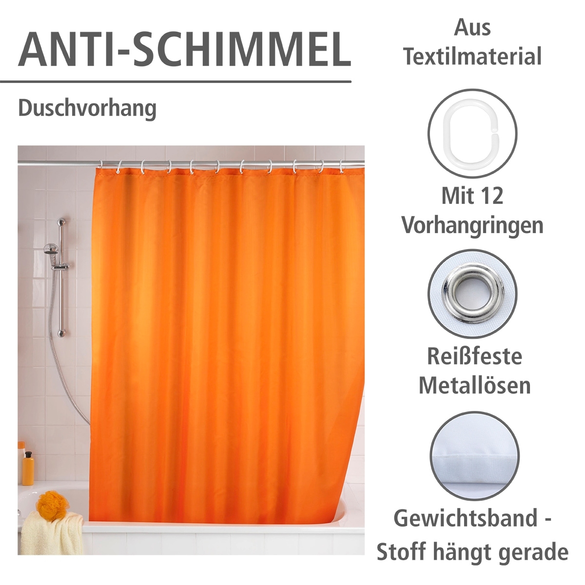 WENKO Duschvorhang »Uni Orange«, Höhe 200 cm, waschbar